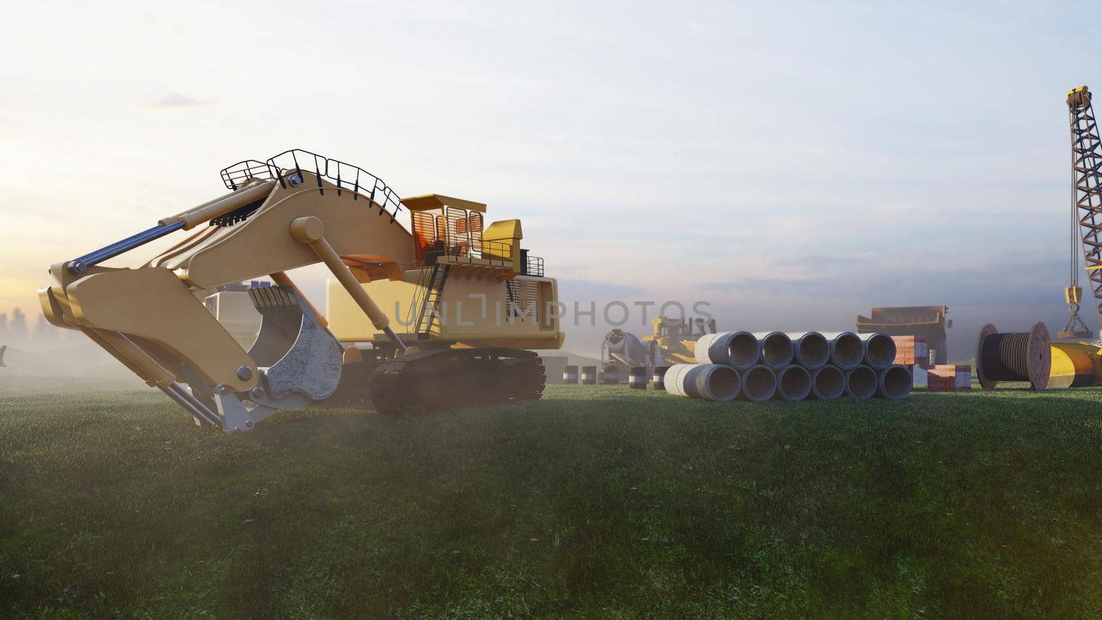 Construction site with tractors and cranes, industrial landscape in a summer day. The concept of construction.