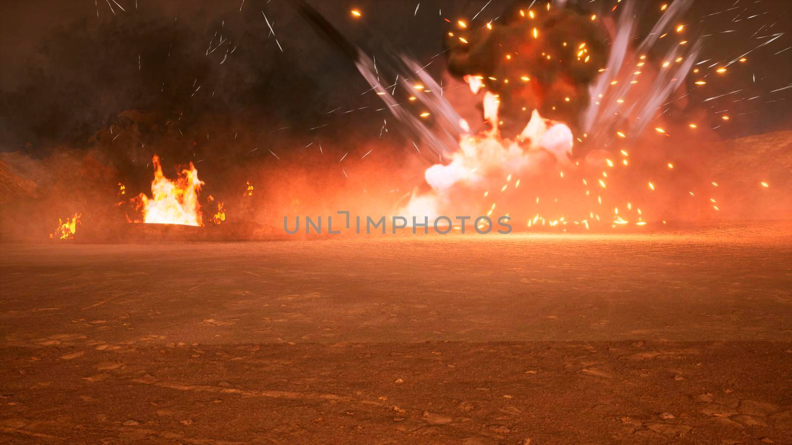 The battlefield in the smoke in the middle of explosions on an uncharted planet. 3D Rendering by designprojects