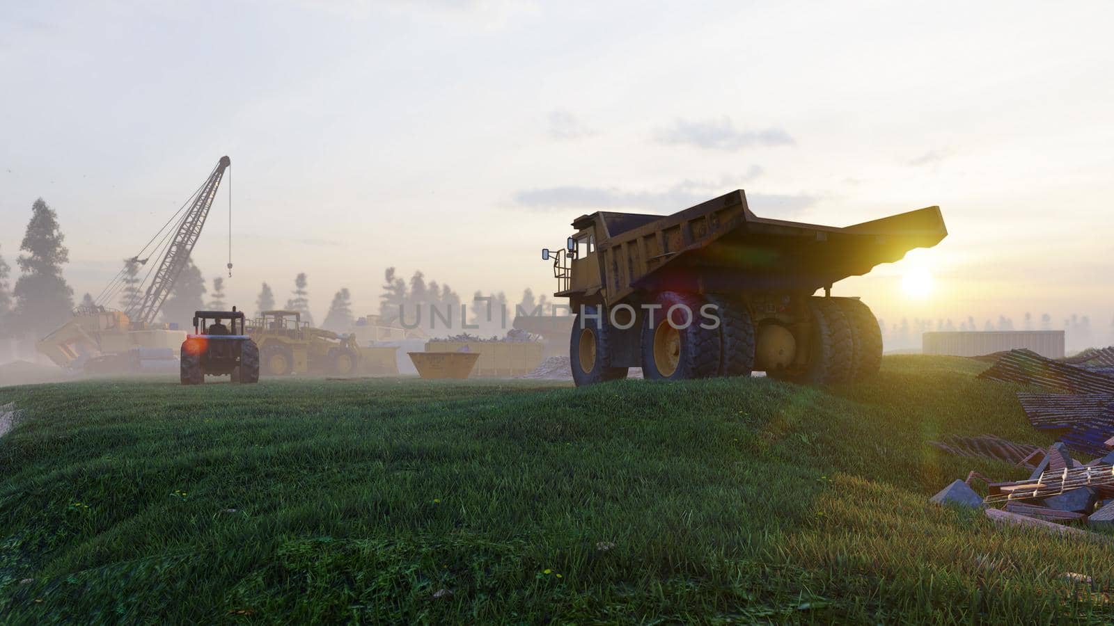 Construction site with tractors and cranes, industrial landscape in a summer day. The concept of construction. 3D Rendering by designprojects