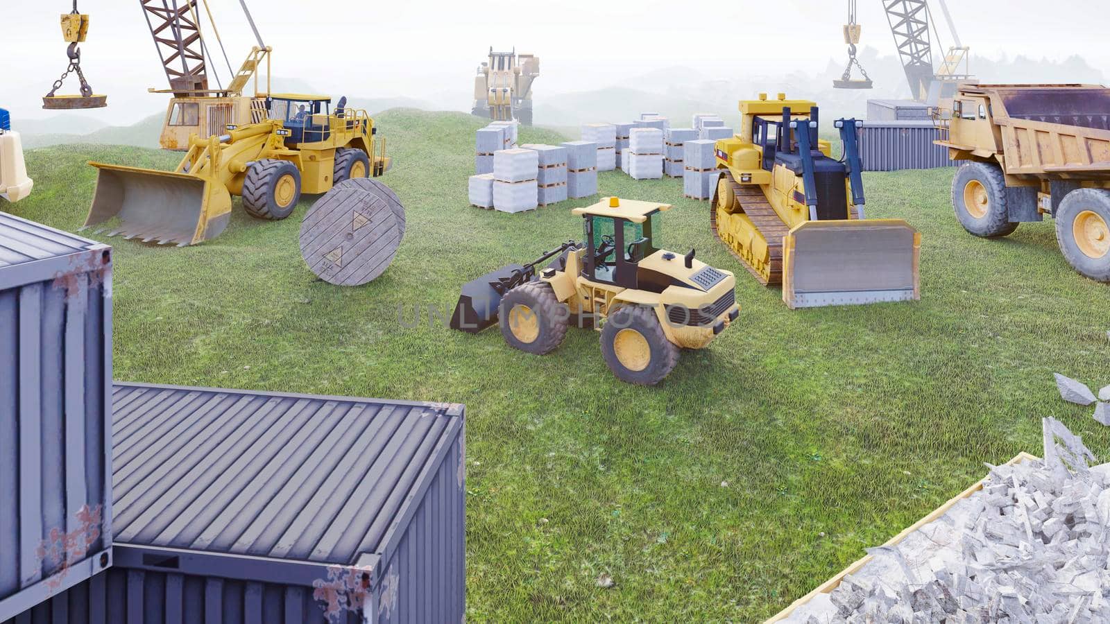 Construction site with tractors and cranes, industrial landscape in a summer day. The concept of construction. 3D Rendering by designprojects