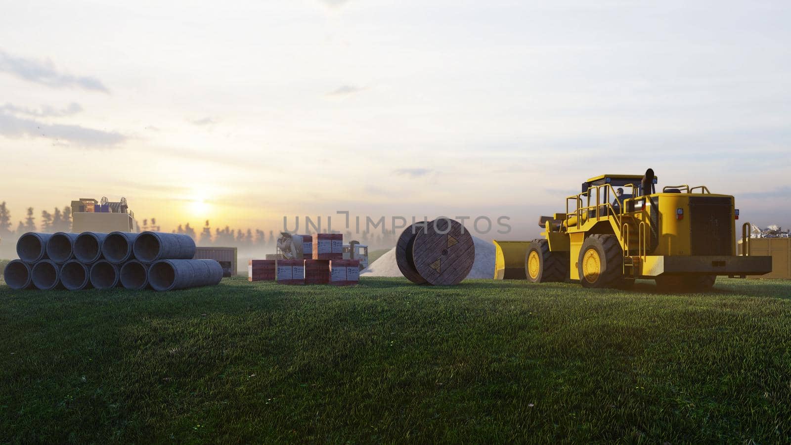 Construction site with tractors and cranes, industrial landscape in a summer day. The concept of construction. 3D Rendering by designprojects