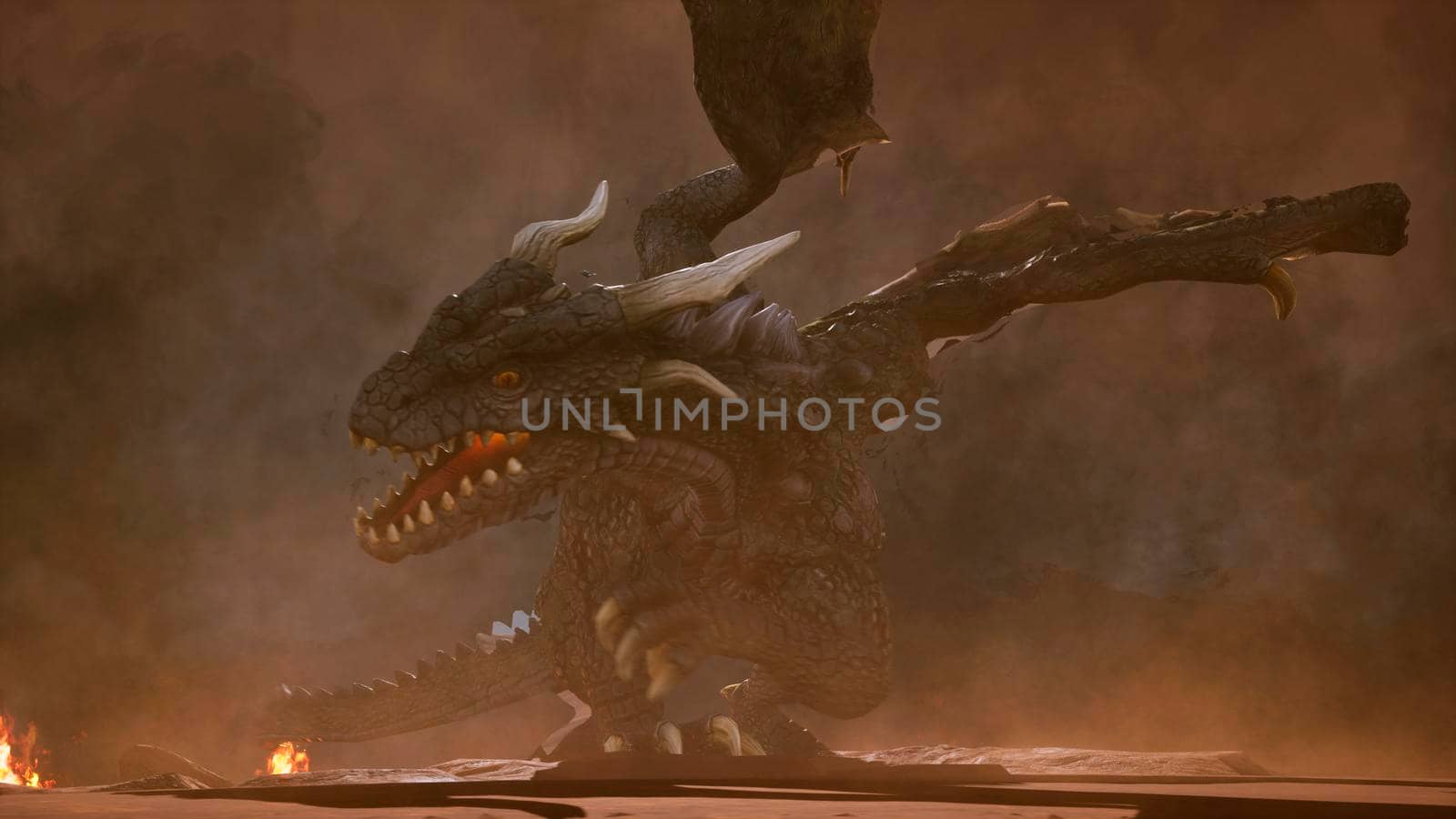 A big angry dragon in the desert is fighting off its enemies. 3D Rendering by designprojects