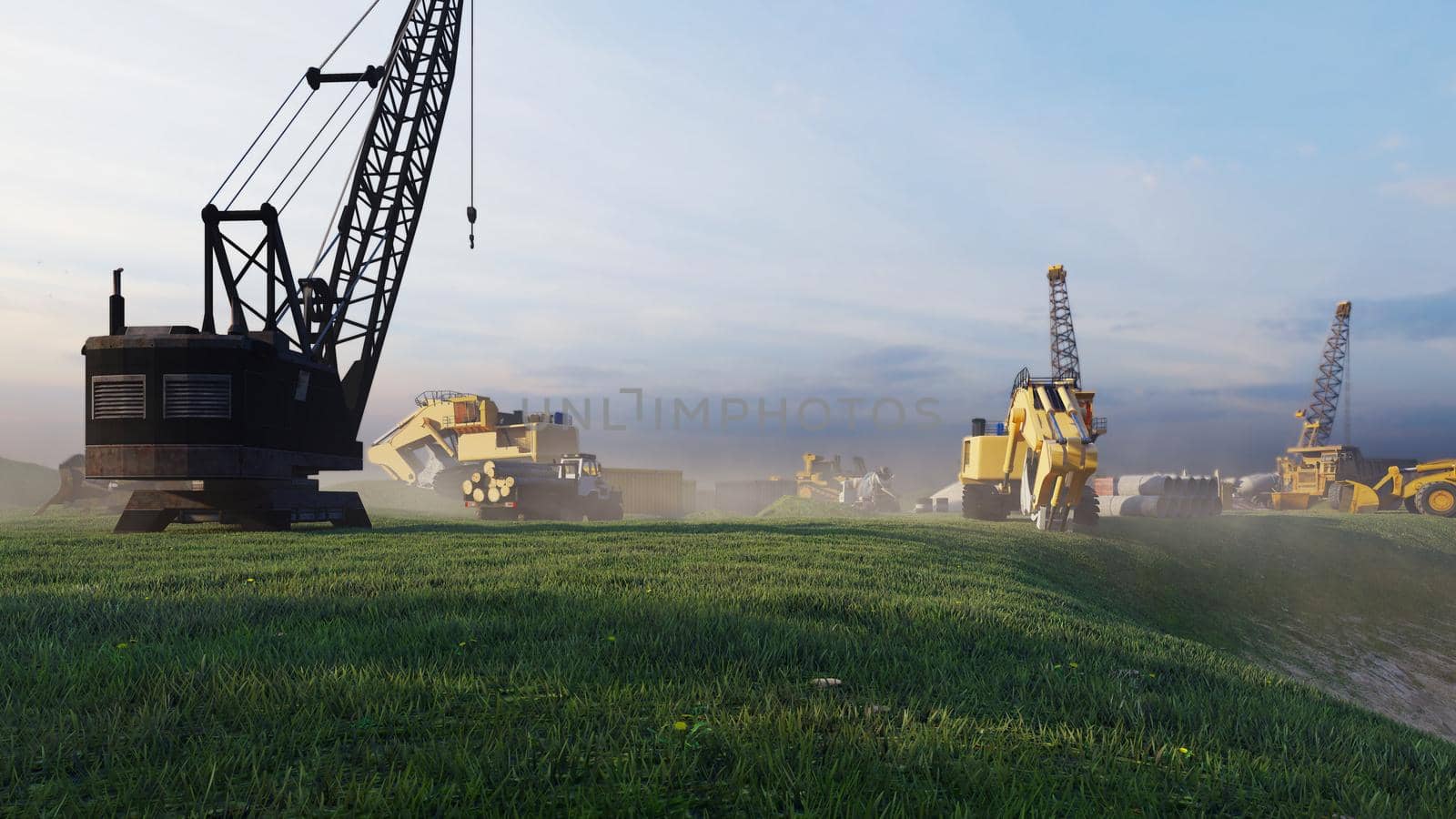 Construction site with tractors and cranes, industrial landscape in a summer day. The concept of construction. 3D Rendering by designprojects