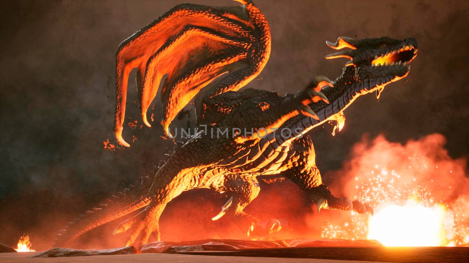 A big angry dragon in the desert is fighting off its enemies. 3D Rendering by designprojects