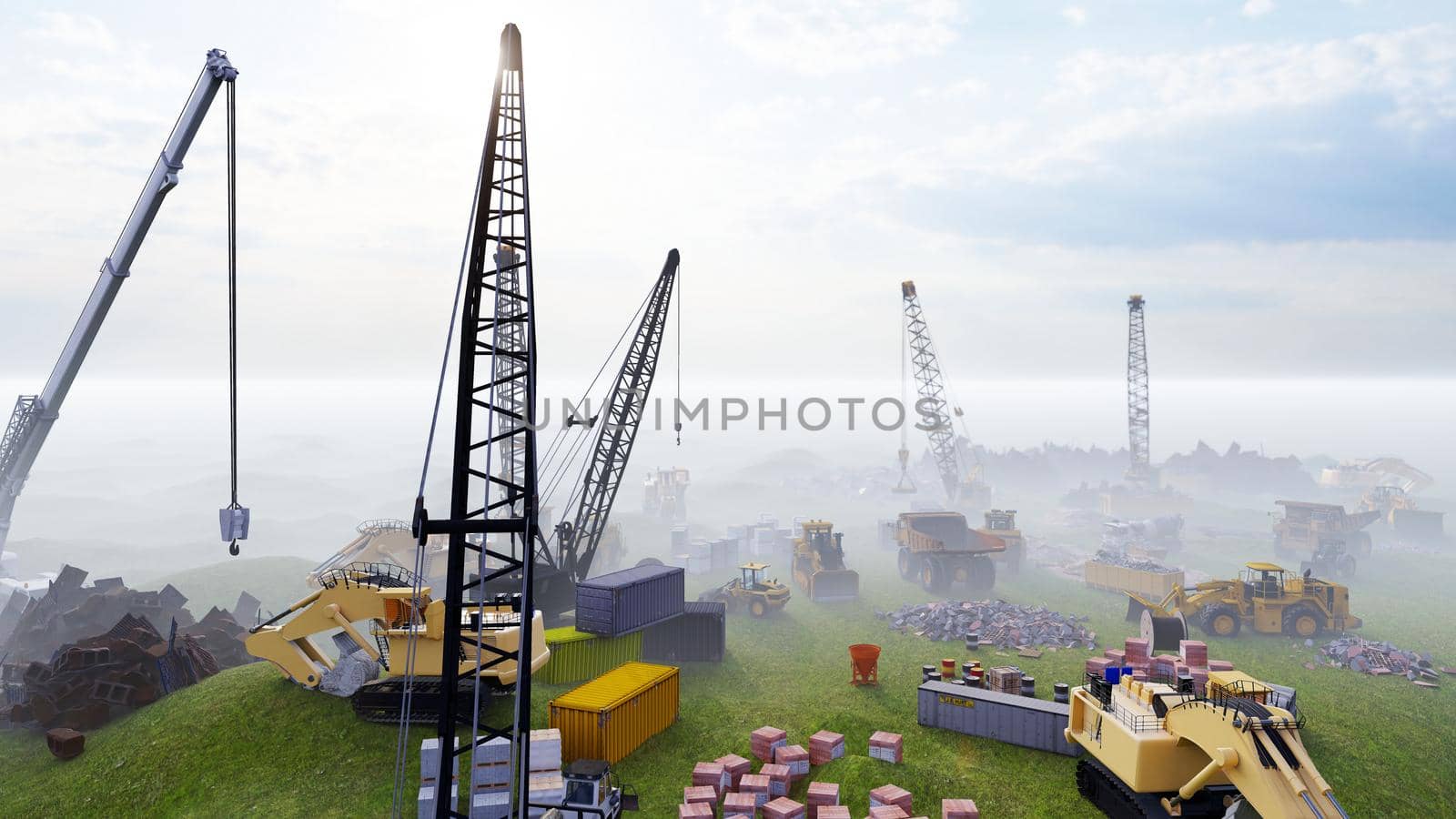 Construction site with tractors and cranes, industrial landscape in a summer day. The concept of construction. 3D Rendering by designprojects