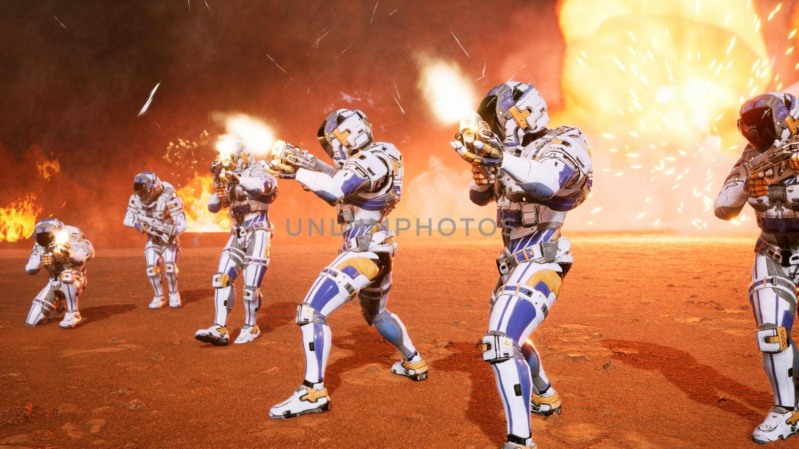 The commander and his soldiers of the future attack the enemy in the smoke in the middle of explosions on an uncharted planet. 3D Rendering by designprojects