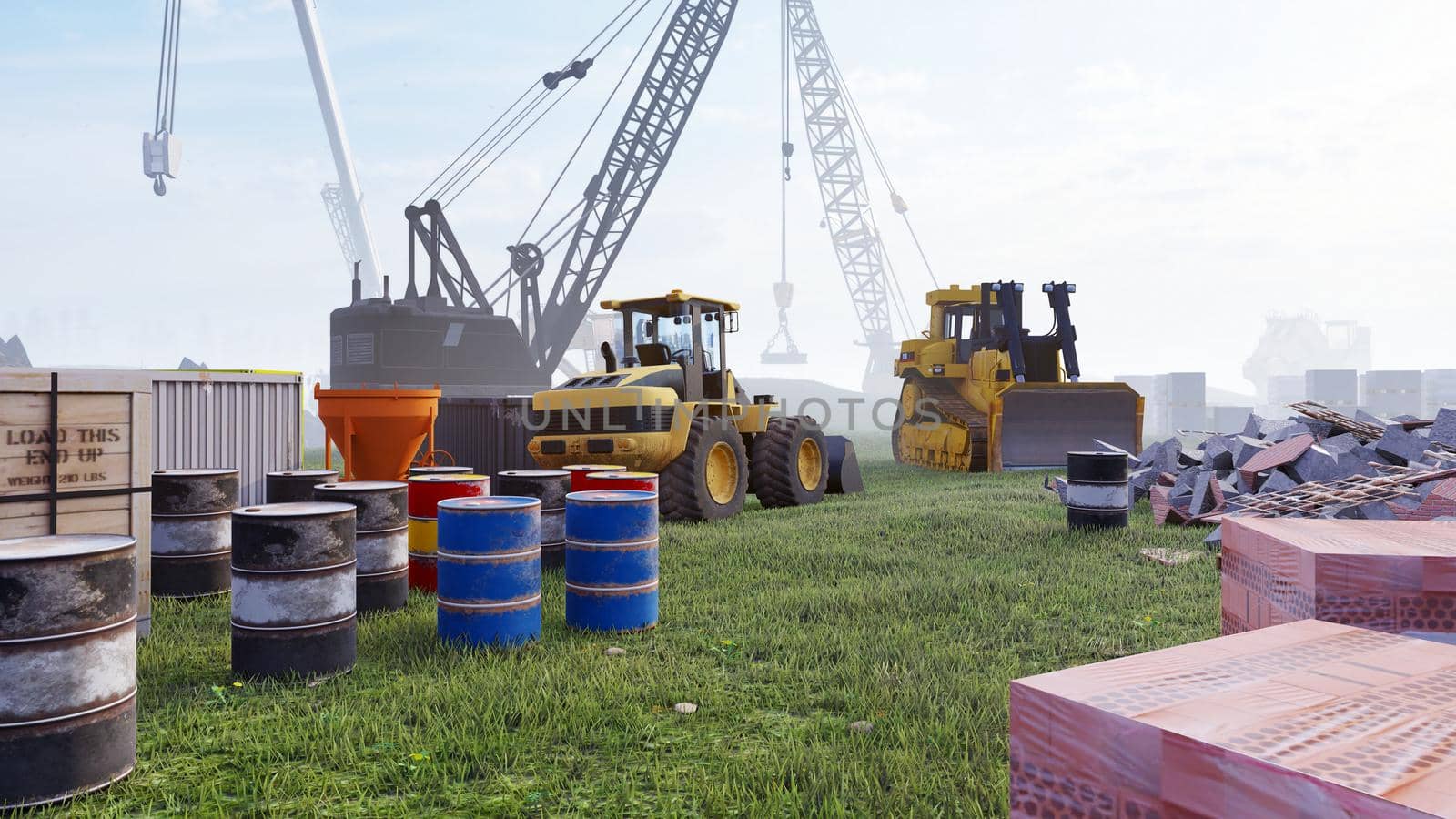 Construction site with tractors and cranes, industrial landscape in a summer day. The concept of construction. 3D Rendering by designprojects