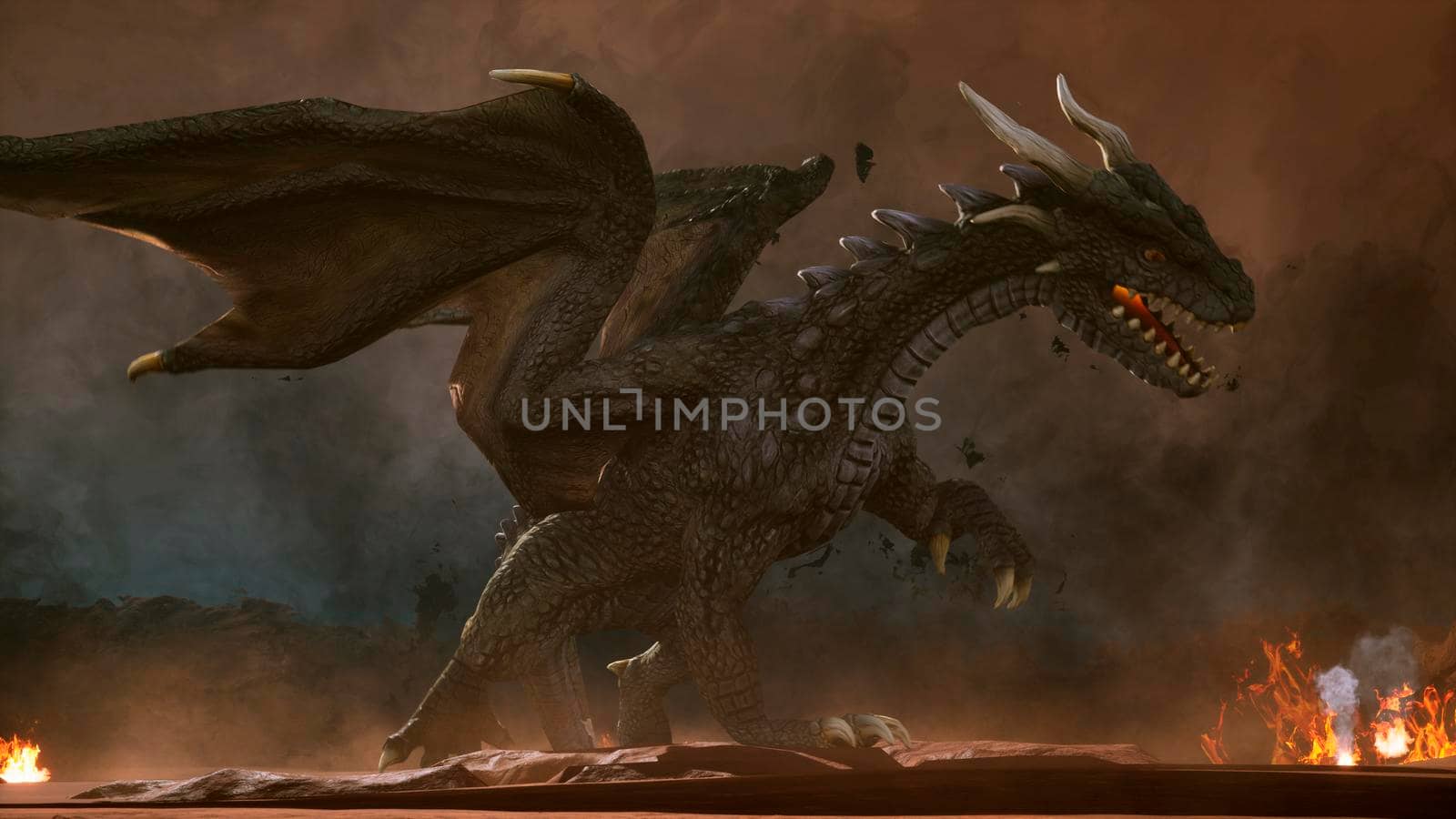 A big angry dragon in the desert is fighting off its enemies. 3D Rendering by designprojects