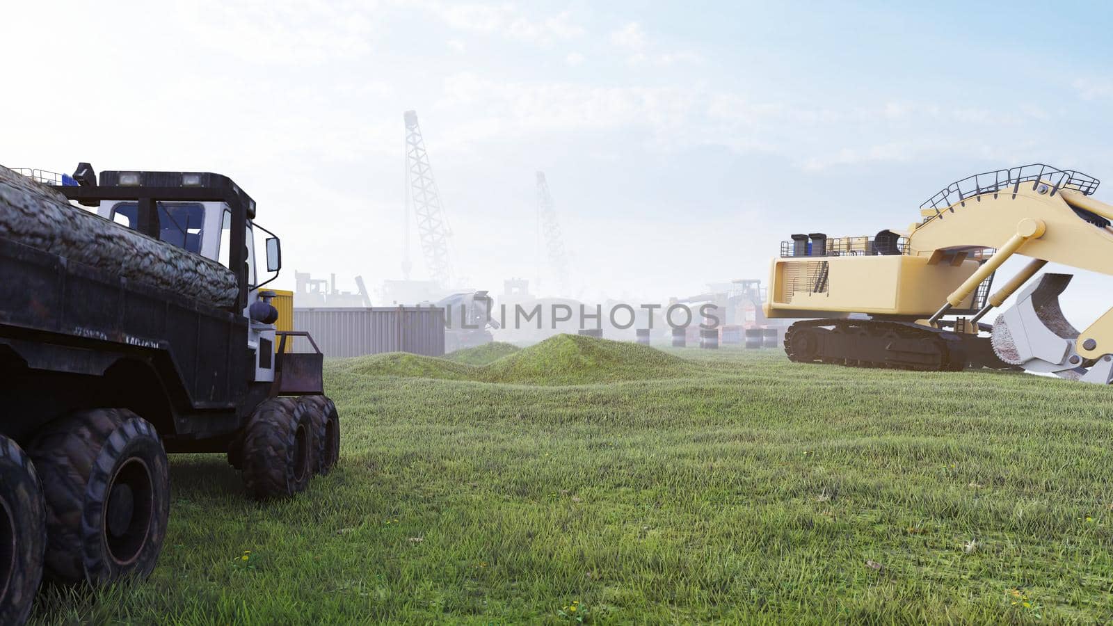 Construction site with tractors and cranes, industrial landscape in a summer day. The concept of construction. 3D Rendering by designprojects