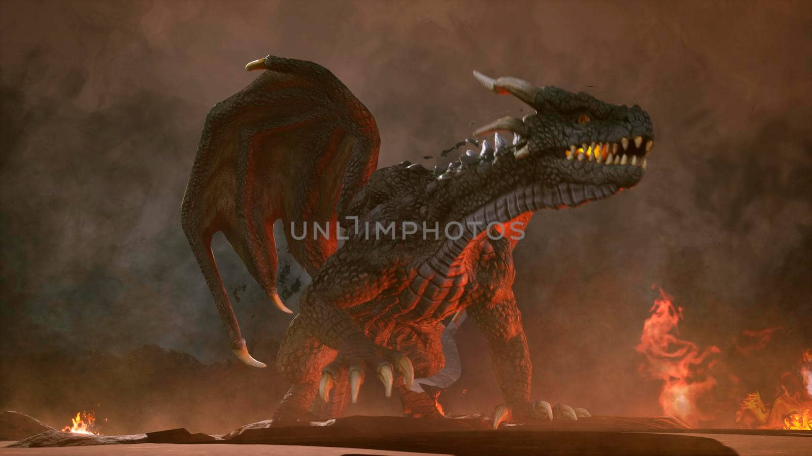 A big angry dragon in the desert is fighting off its enemies. 3D Rendering by designprojects