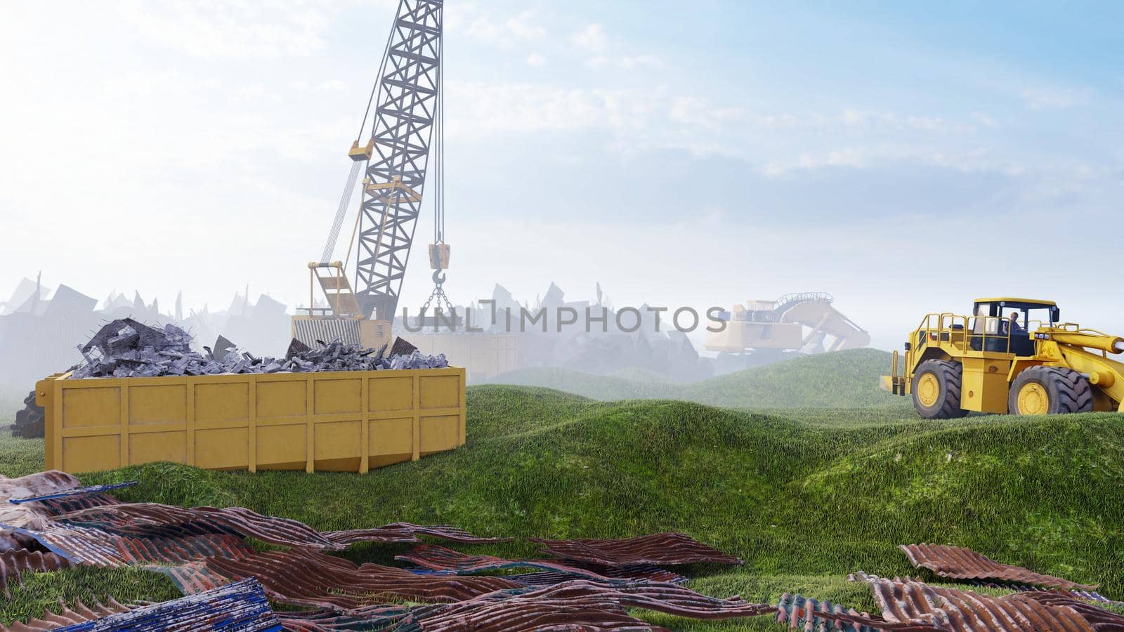 Construction site with tractors and cranes, industrial landscape in a summer day. The concept of construction. 3D Rendering by designprojects