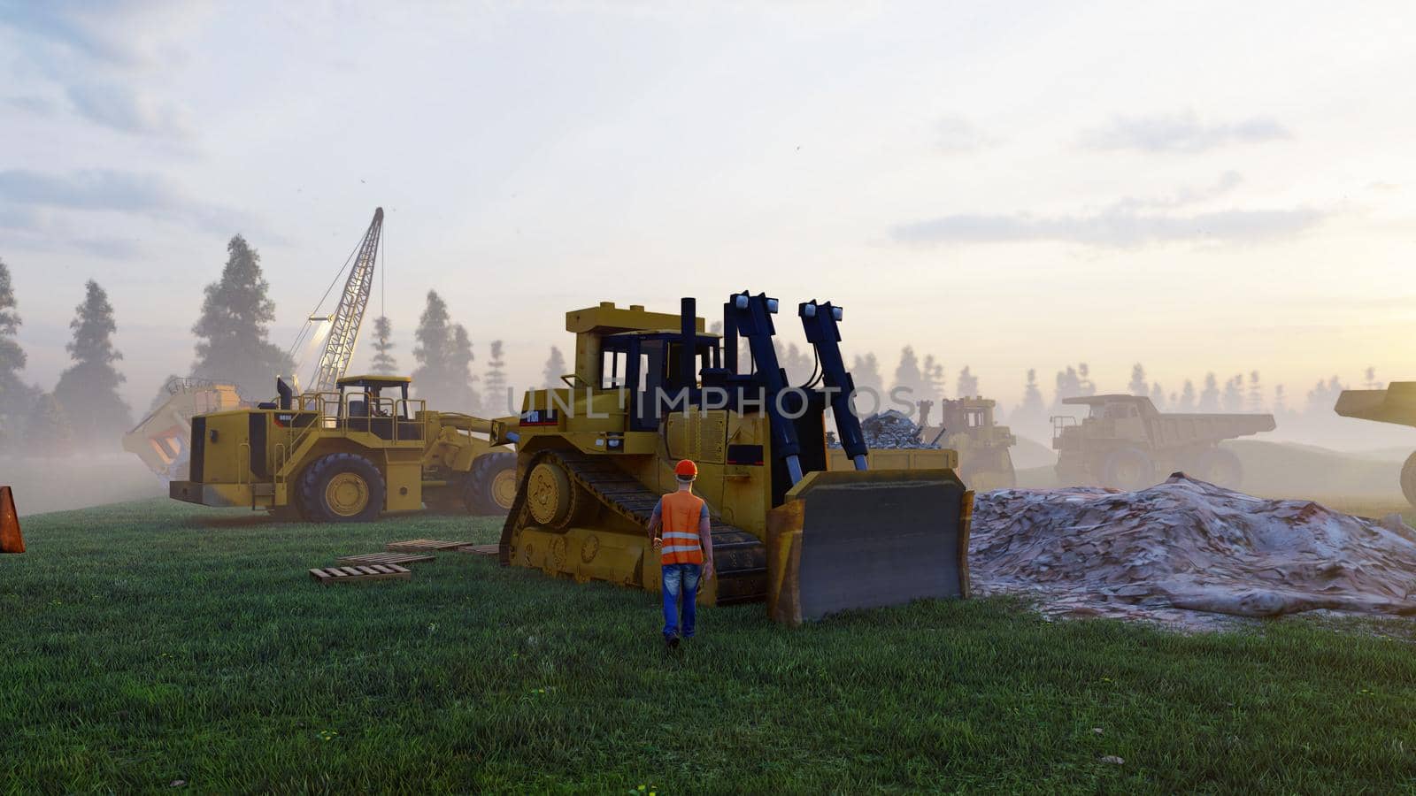 Construction site with tractors and cranes, industrial landscape in a summer day. The concept of construction. 3D Rendering by designprojects