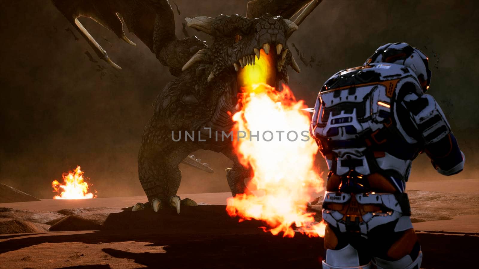 Astronaut against the dragon. Epic battle with explosions, shots and smoke on an uncharted planet.