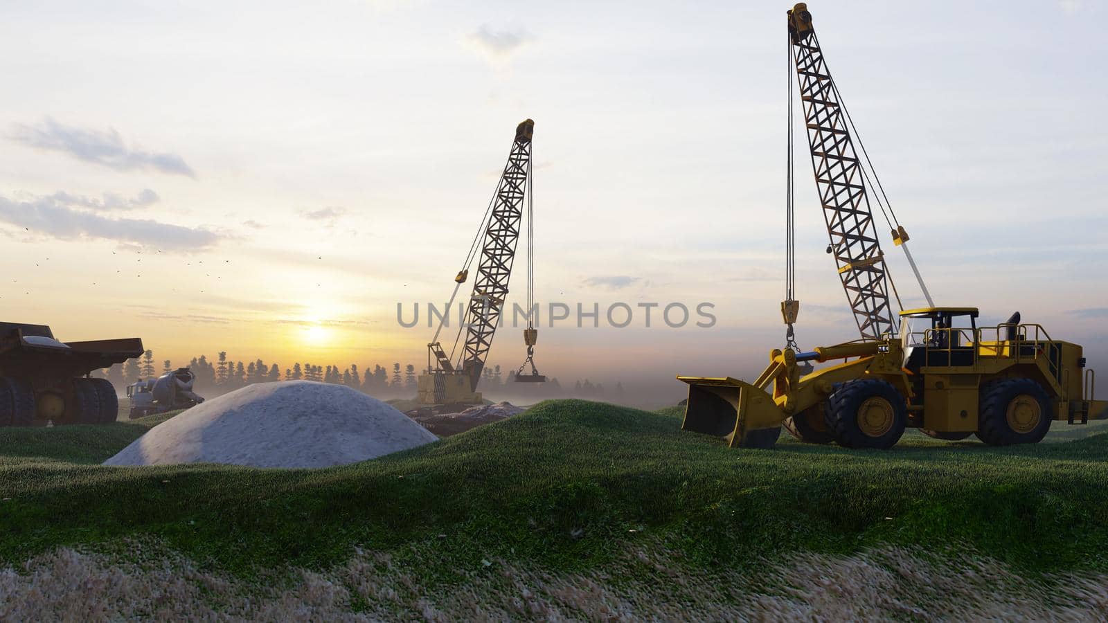 Construction site with tractors and cranes, industrial landscape in a summer day. The concept of construction.