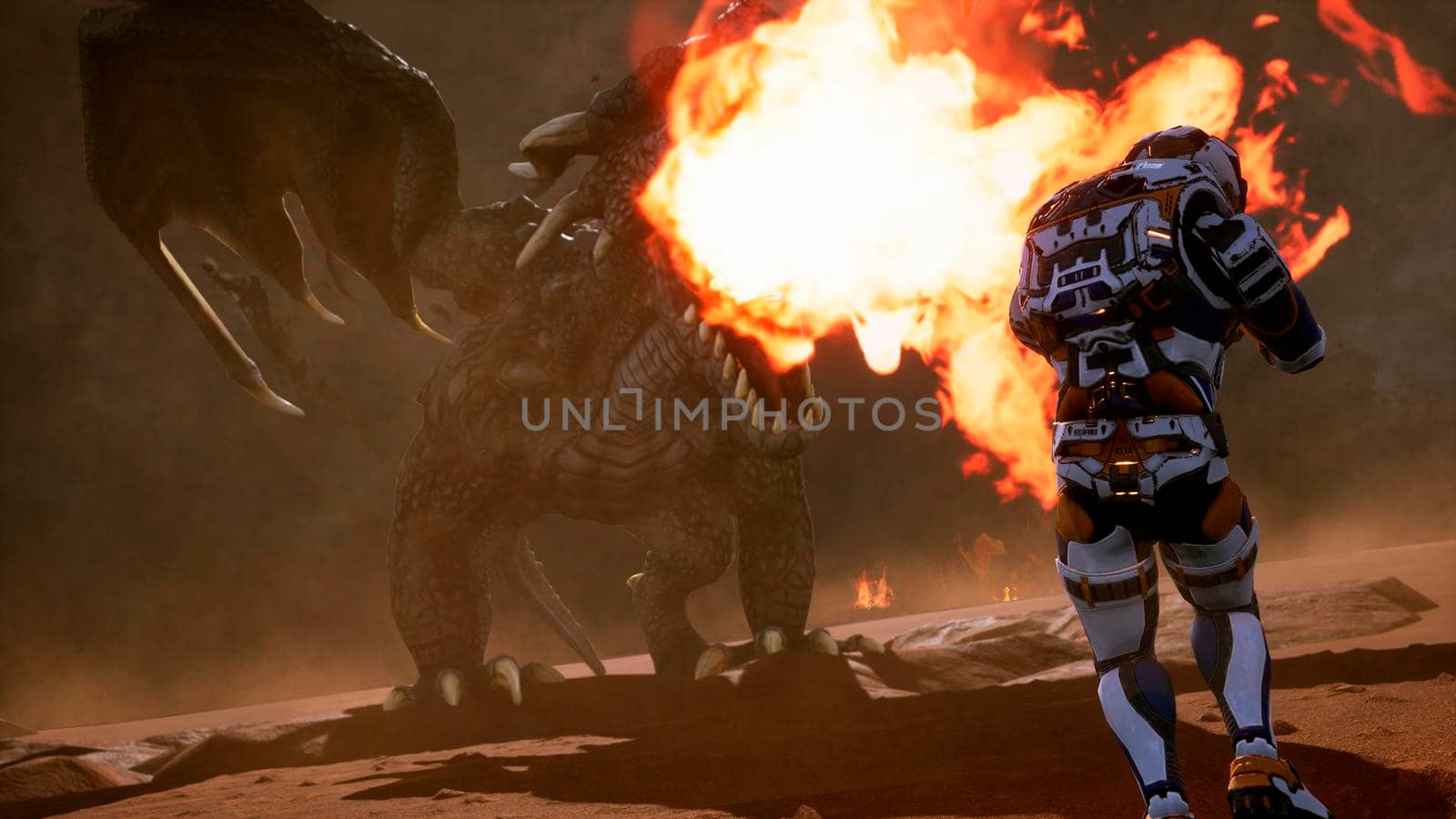 Astronaut against the dragon. Epic battle with explosions, shots and smoke on an uncharted planet.