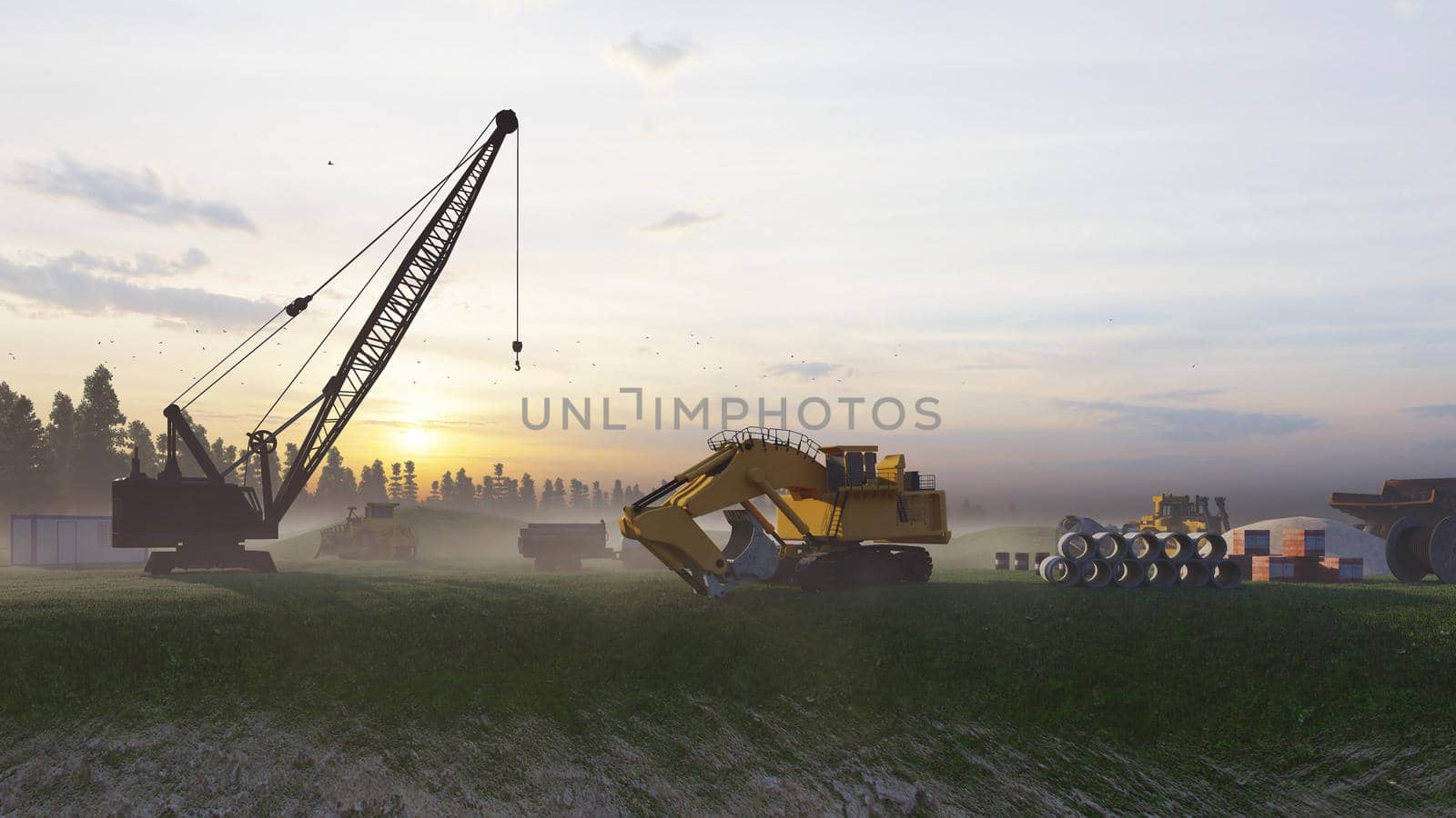 Construction site with tractors and cranes, industrial landscape in a summer day. The concept of construction. 3D Rendering by designprojects