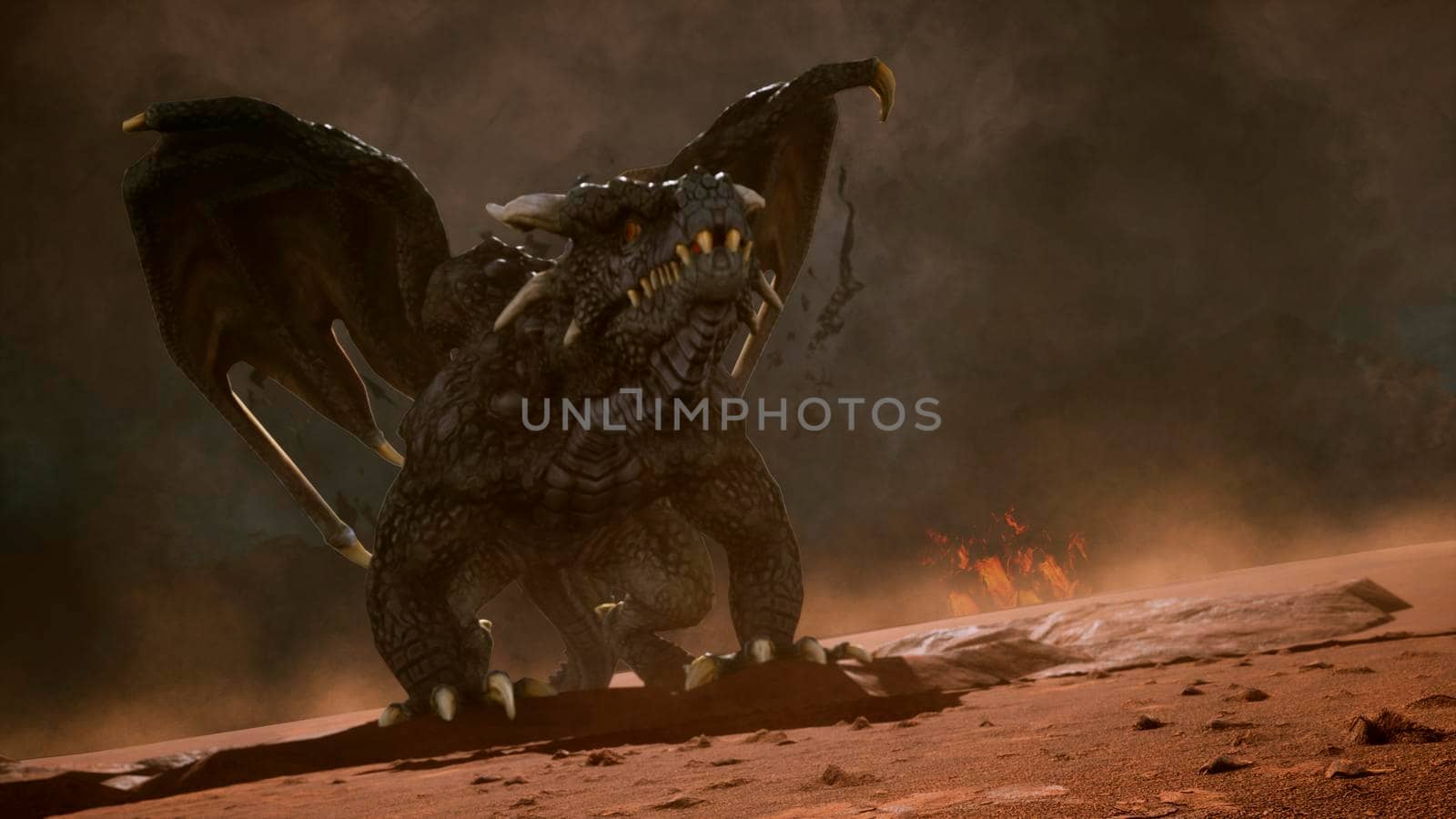 Big dragon in the desert looking for his enemies. 3D Rendering by designprojects