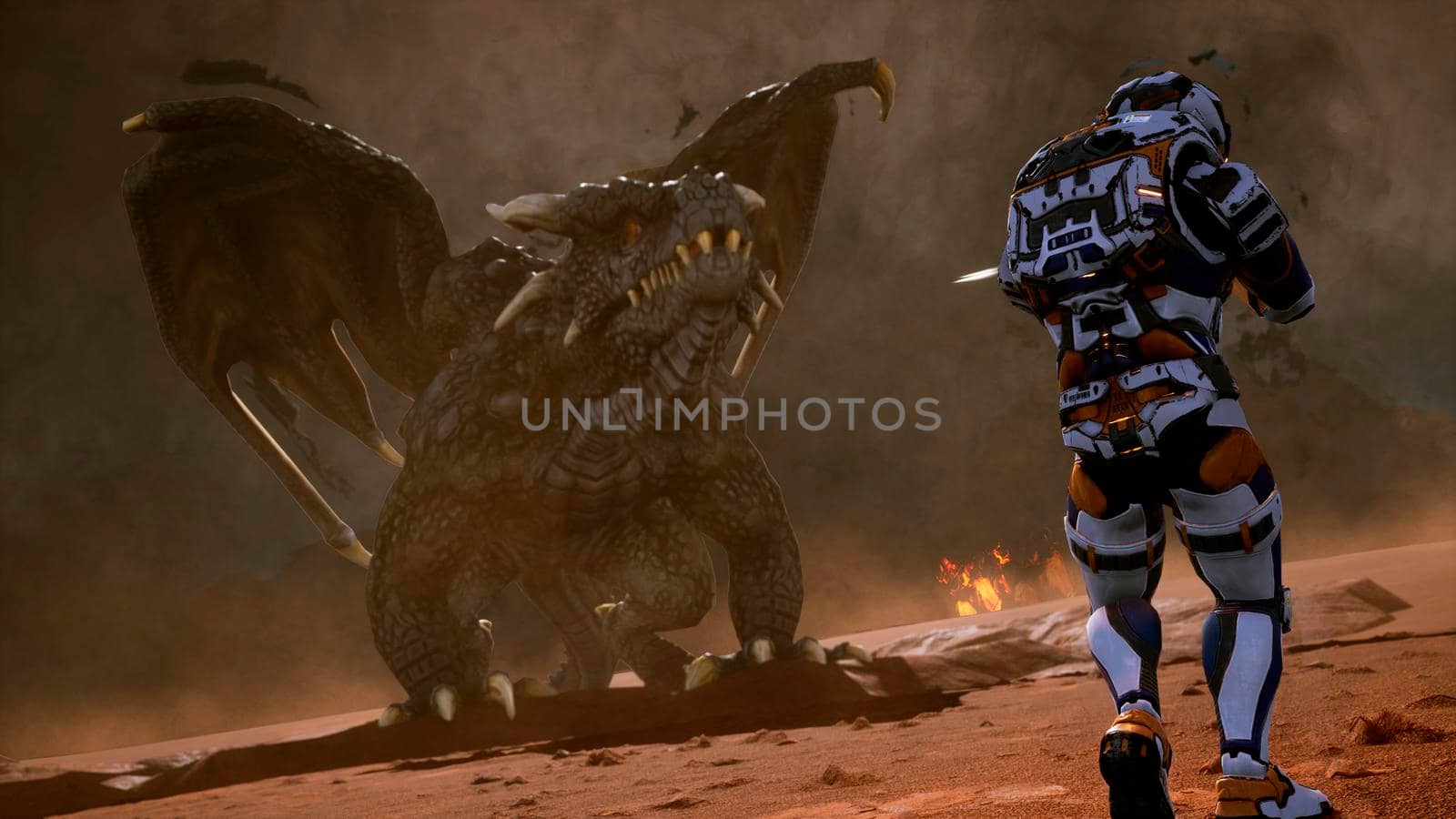 Astronaut against the dragon. Epic battle with explosions, shots and smoke on an uncharted planet. 3D Rendering by designprojects