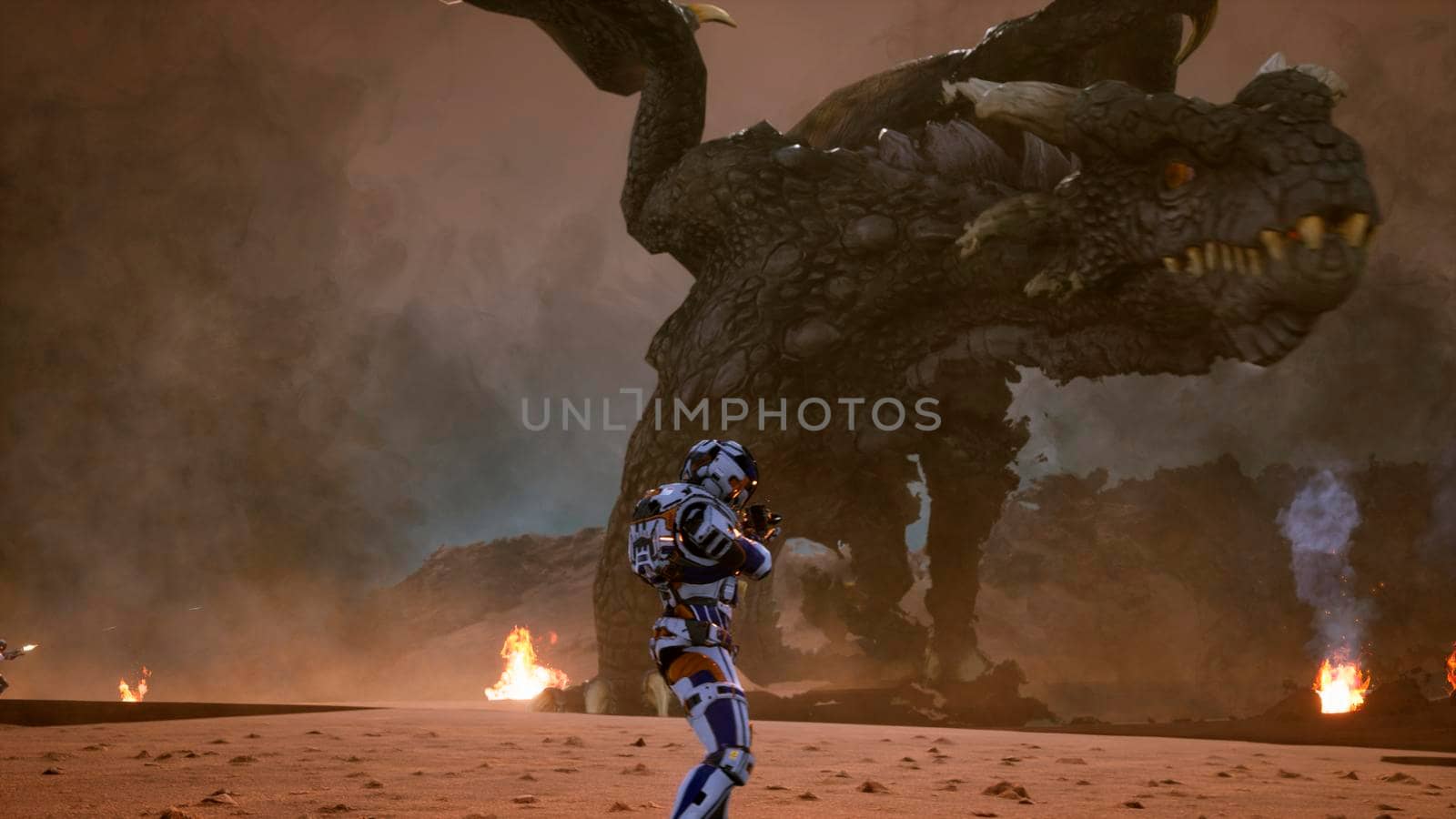 Astronauts against the dragon. Epic battle with explosions, shots and smoke on an uncharted planet. 3D Rendering by designprojects