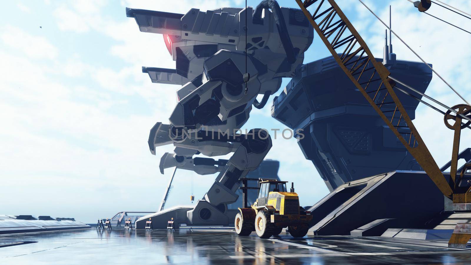 A huge military robot on a futuristic military training ground. An apocalyptic view of the technology of the future.