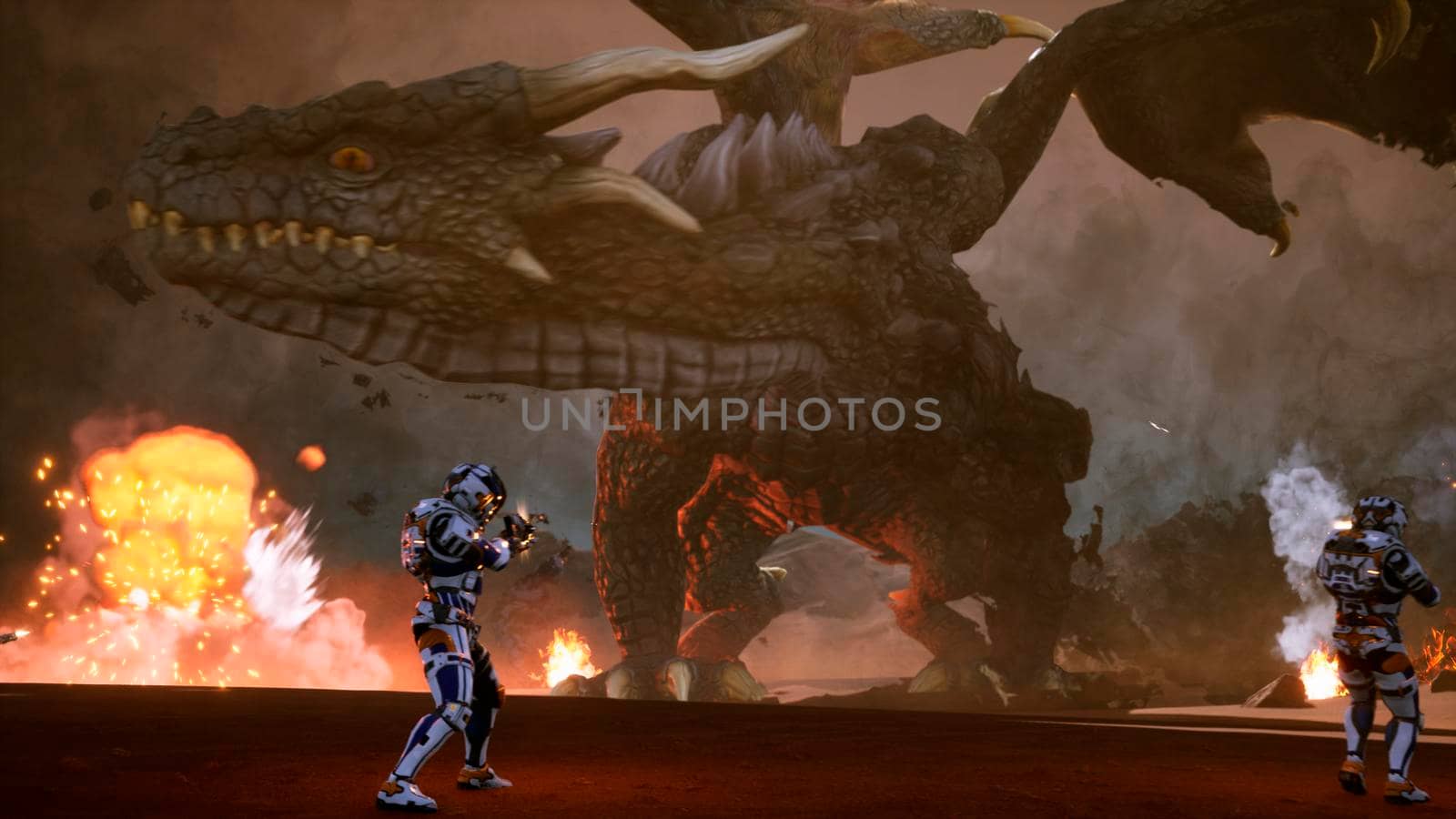 Astronauts against the dragon. Epic battle with explosions, shots and smoke on an uncharted planet. 3D Rendering by designprojects