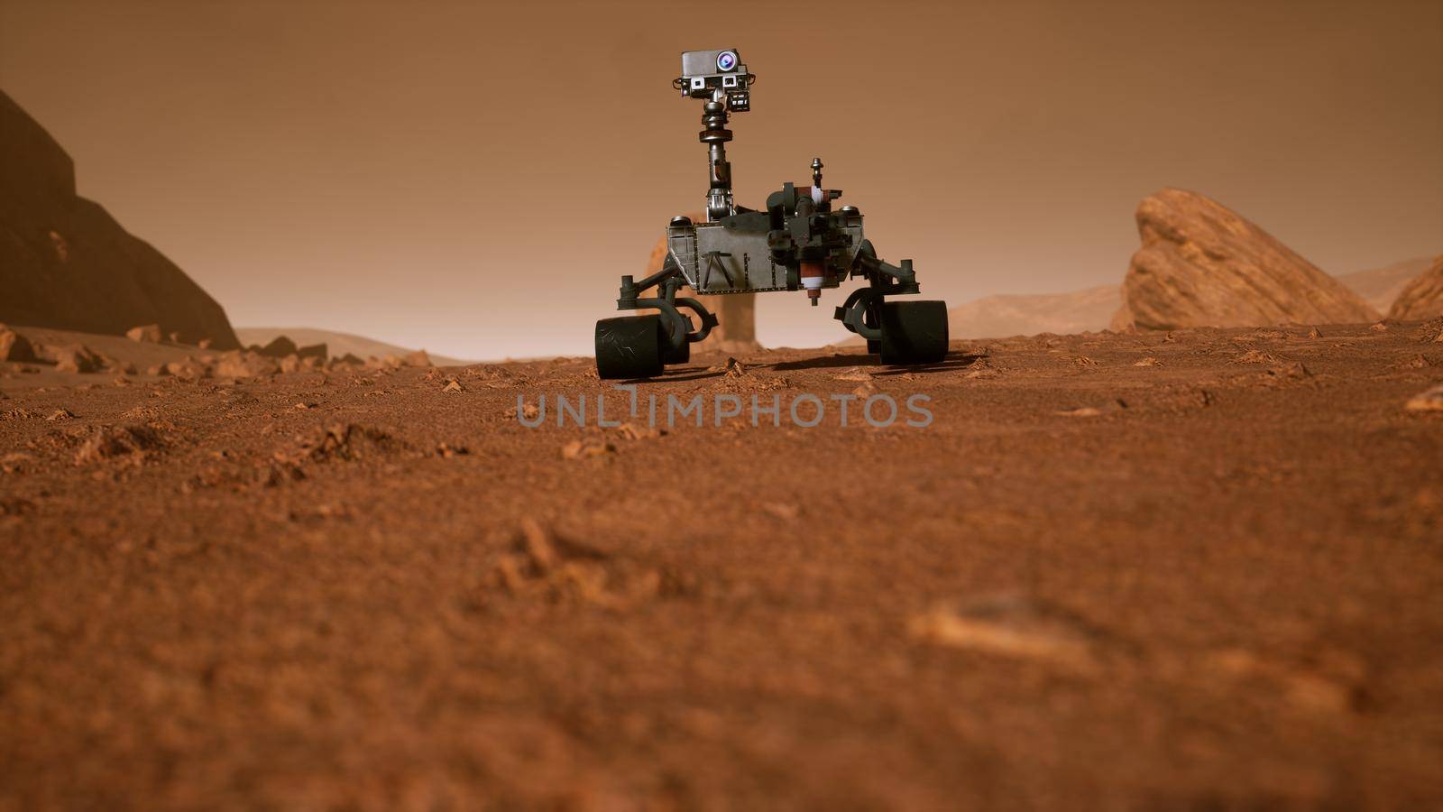 A Rover during a dust storm on the red planet. Curiosity Rover on Mars. 3D Rendering by designprojects