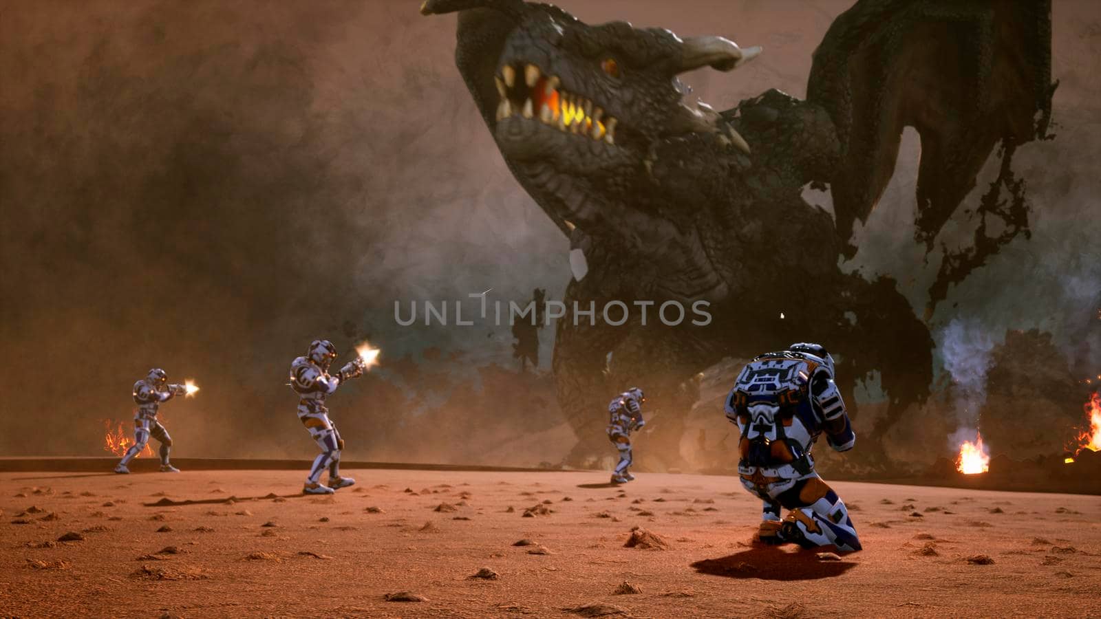 Astronauts against the dragon. Epic battle with explosions, shots and smoke on an uncharted planet.