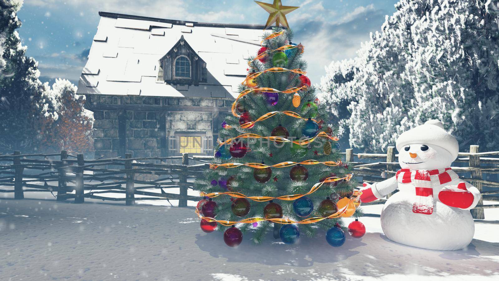 Christmas snowman in a snowy enchanted forest. Christmas and New year 3D rendering. by designprojects