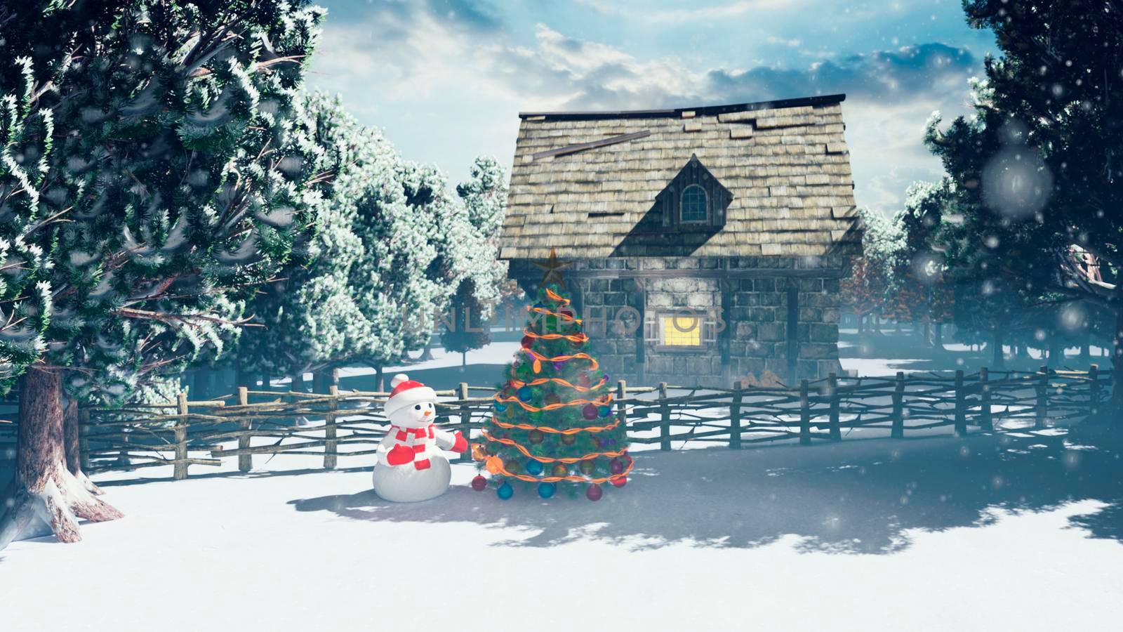 Christmas snowman in a snowy enchanted forest. Christmas and New year 3D rendering. by designprojects