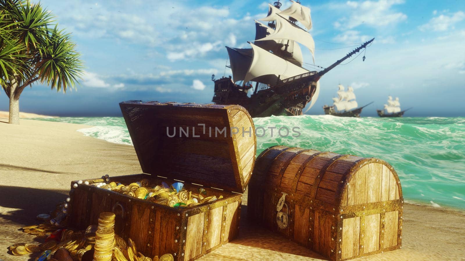 Pirate frigates docked near a tropical island. Pirate island and treasure chests. Sand, sea, sky, clouds, palm trees and clear day.