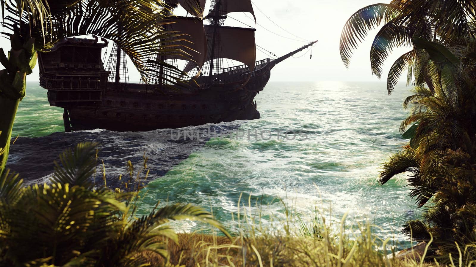 Medieval ship sails past the tropical island. The concept of sea adventures in the Middle ages.