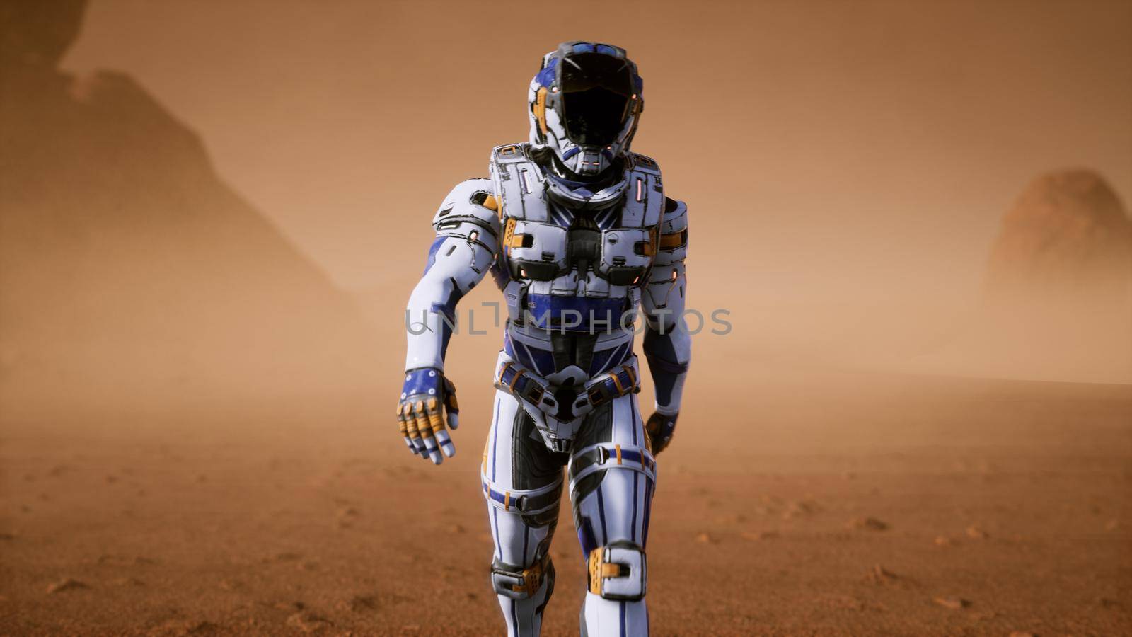 Astronaut walks on the surface of Mars through a dust storm. Panoramic landscape on the surface of Mars. 3D Rendering by designprojects