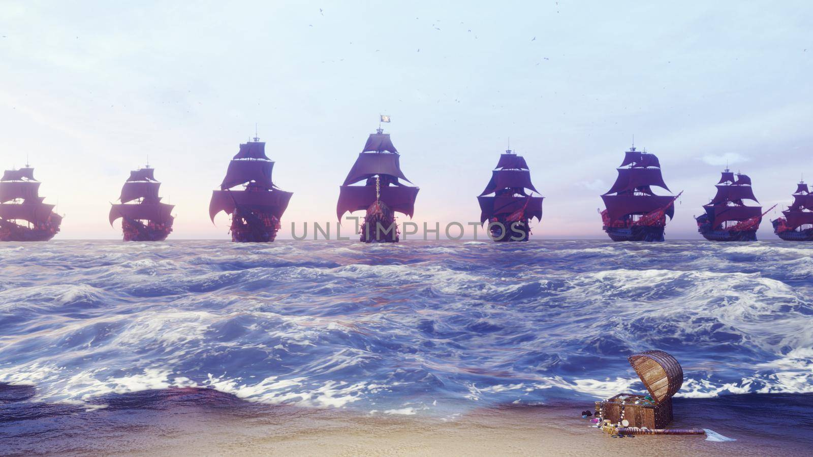 Medieval pirate ships docked at a sandy island in the vast blue ocean. The concept of sea adventures in the Middle ages. 3D rendering by designprojects