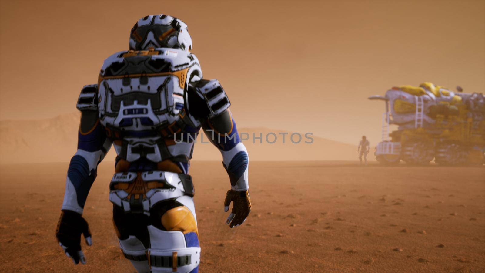 Astronaut walks on the surface of Mars to the Rover, through a dust storm. Panoramic landscape on the surface of Mars.