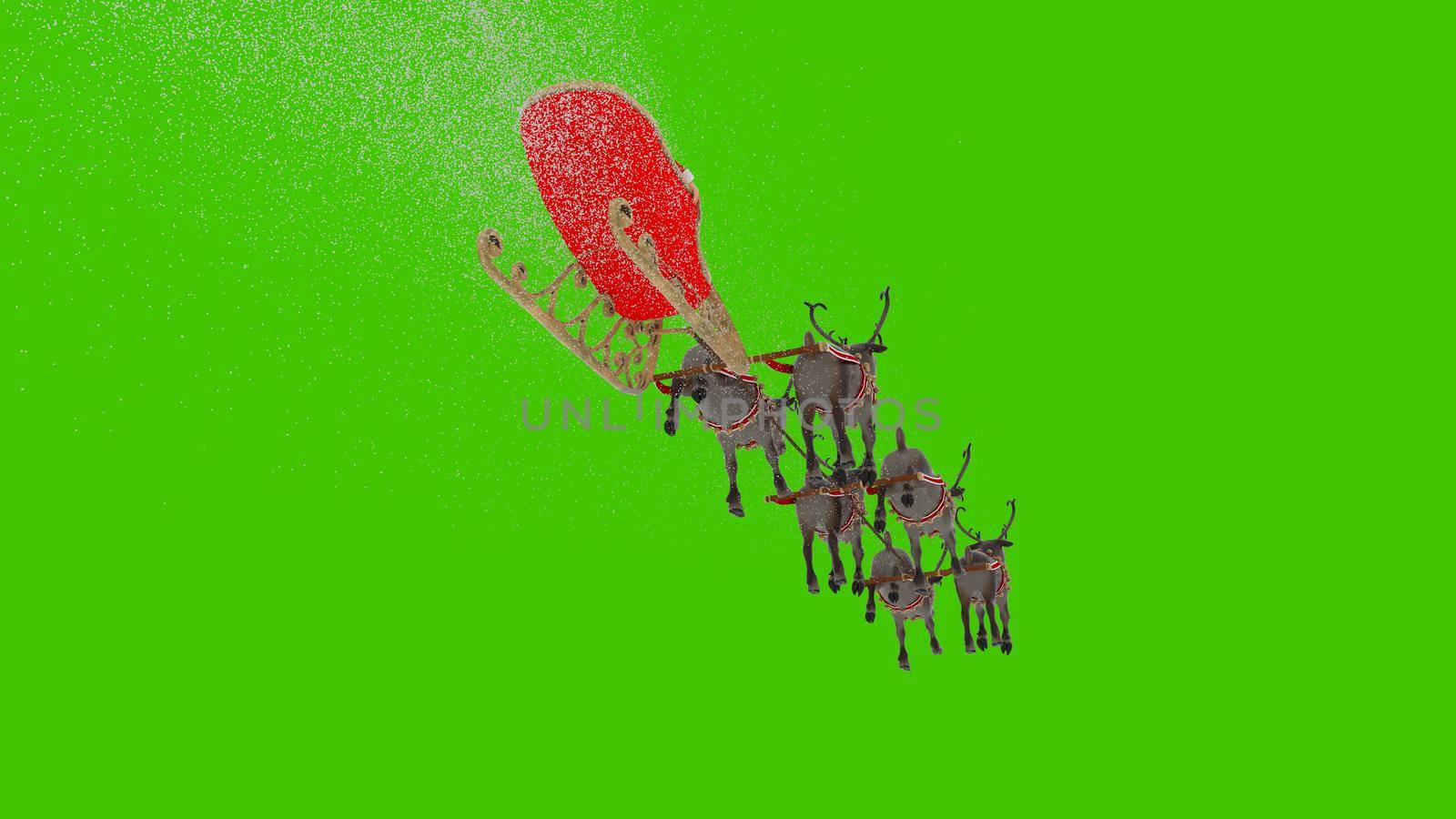 Santa Claus is flying on a Christmas sleigh with reindeer. Animation in front of a green screen. 3D rendering by designprojects