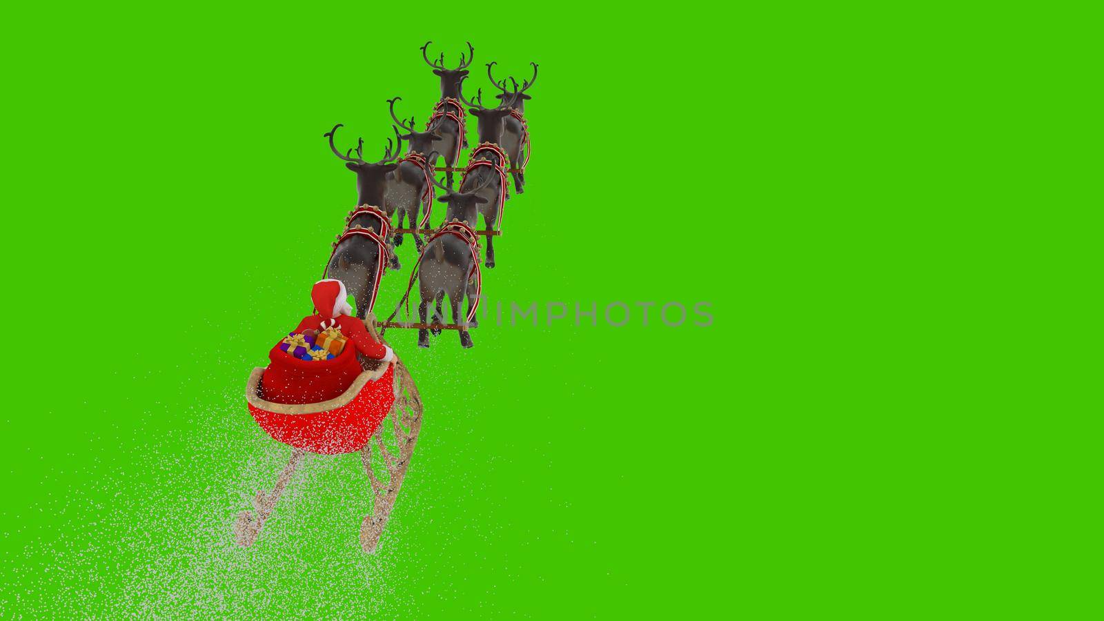 Santa Claus is flying on a Christmas sleigh with reindeer. Animation in front of a green screen. 3D rendering by designprojects