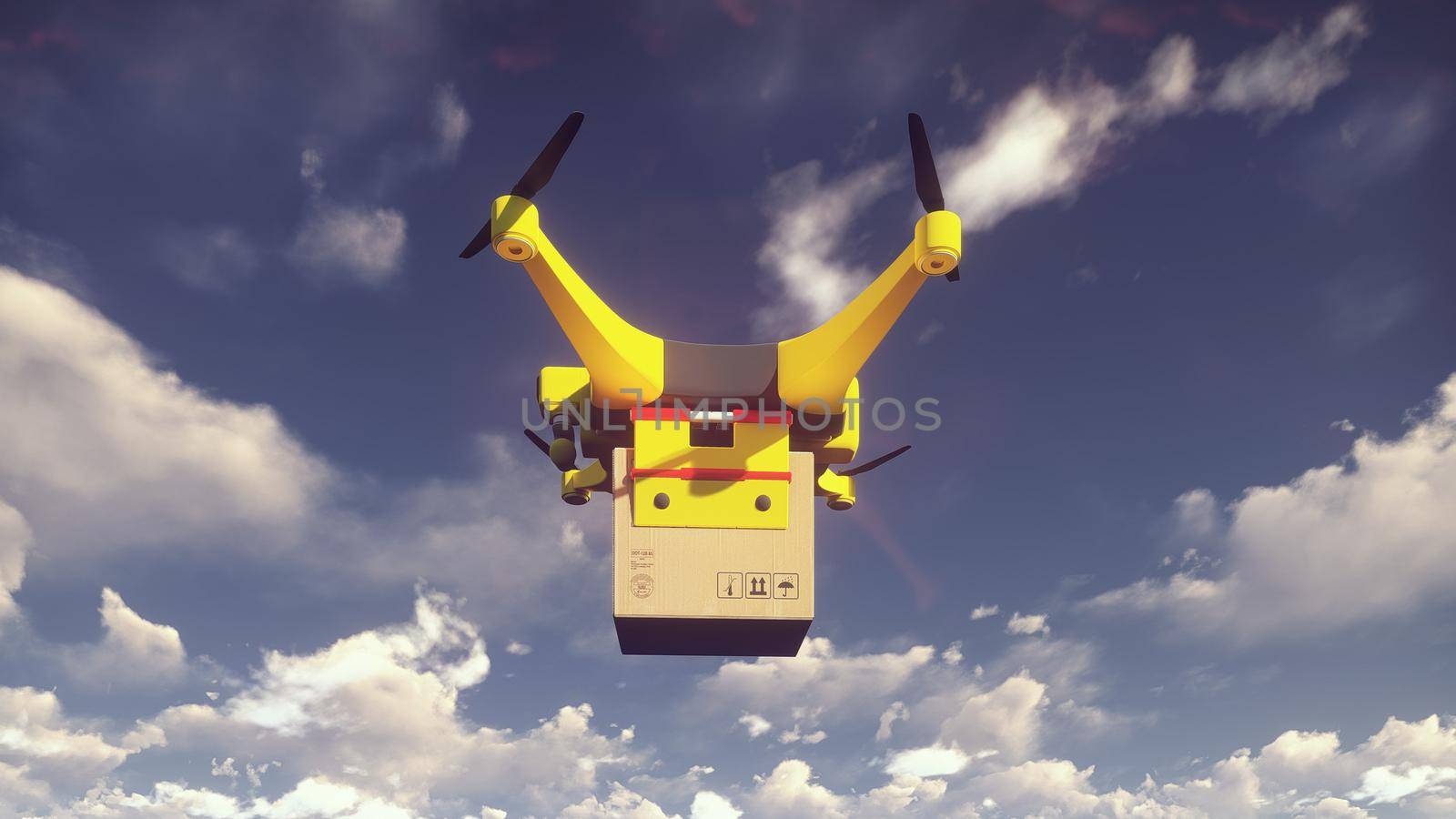 Autonomous package delivery by unmanned drone flying on a Sunny day. 3D Rendering by designprojects