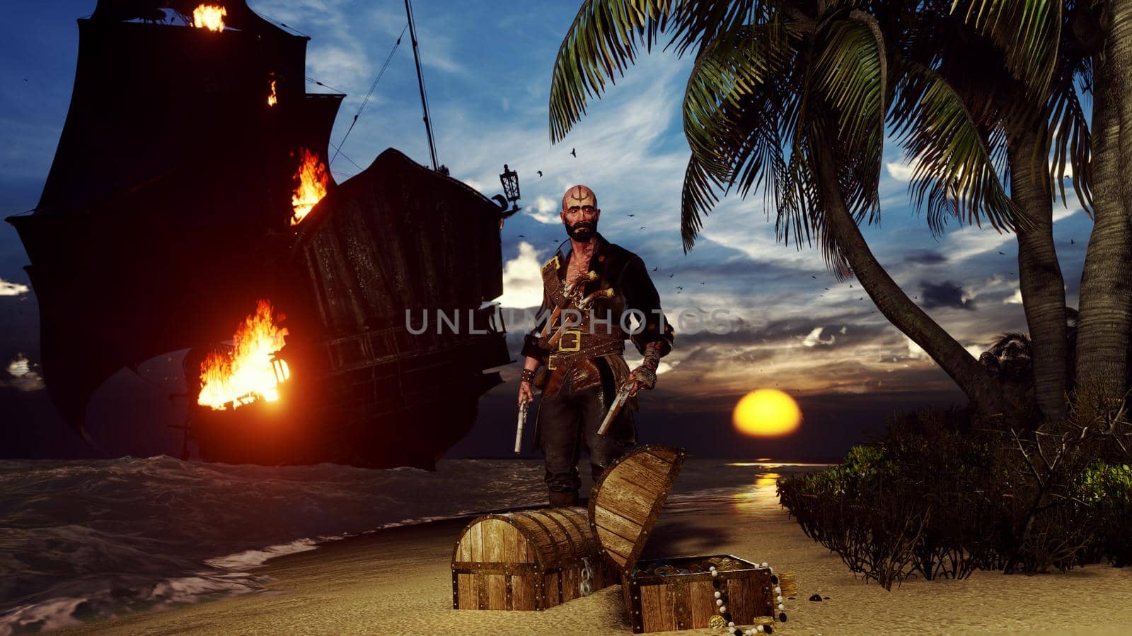 Pirate with weapons on the sandy beach of pirate island. Concept scene of a pirate with a chest of gold.