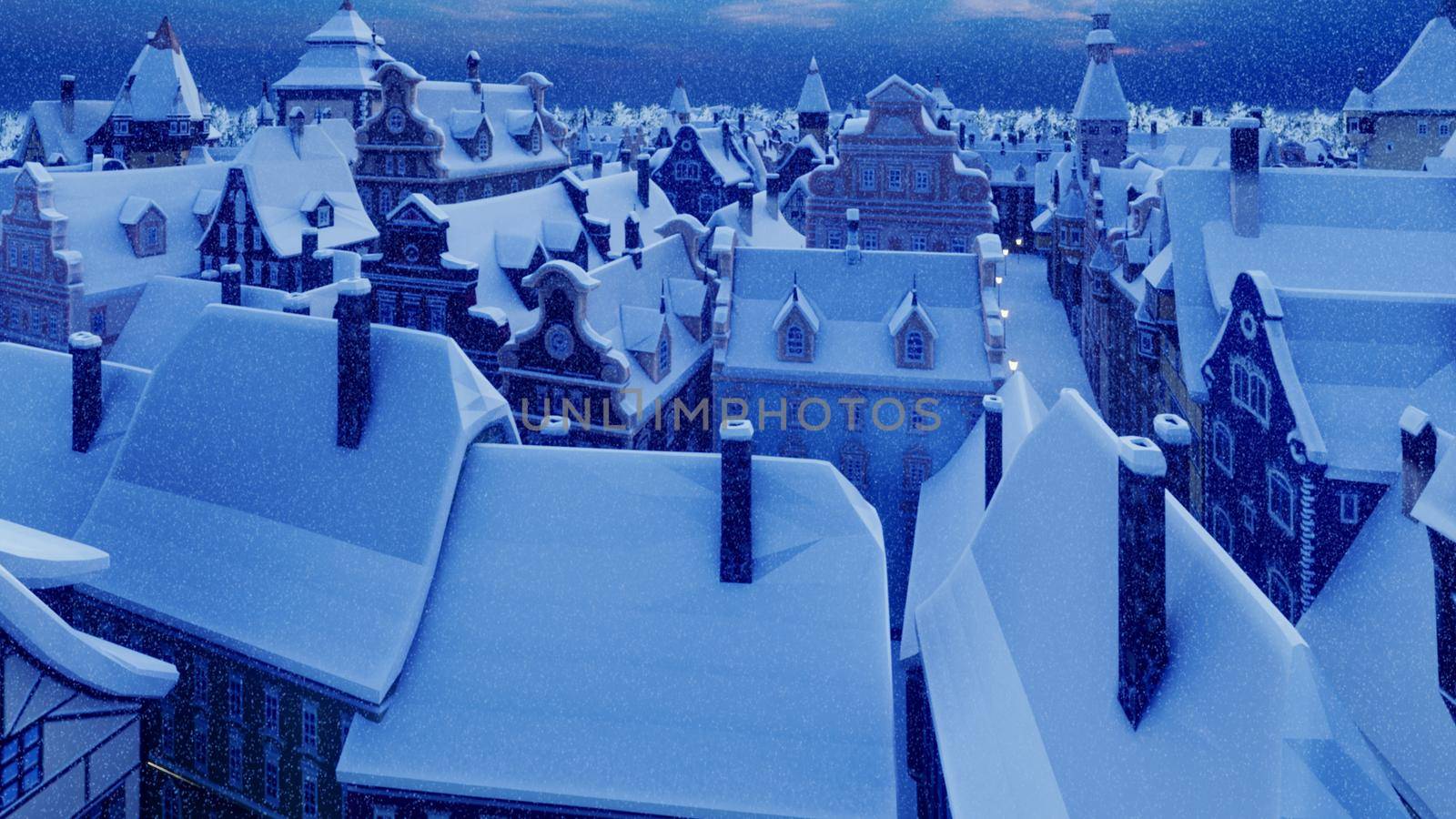 Flying over a small ancient snowy night town. The Concept Of Winter.