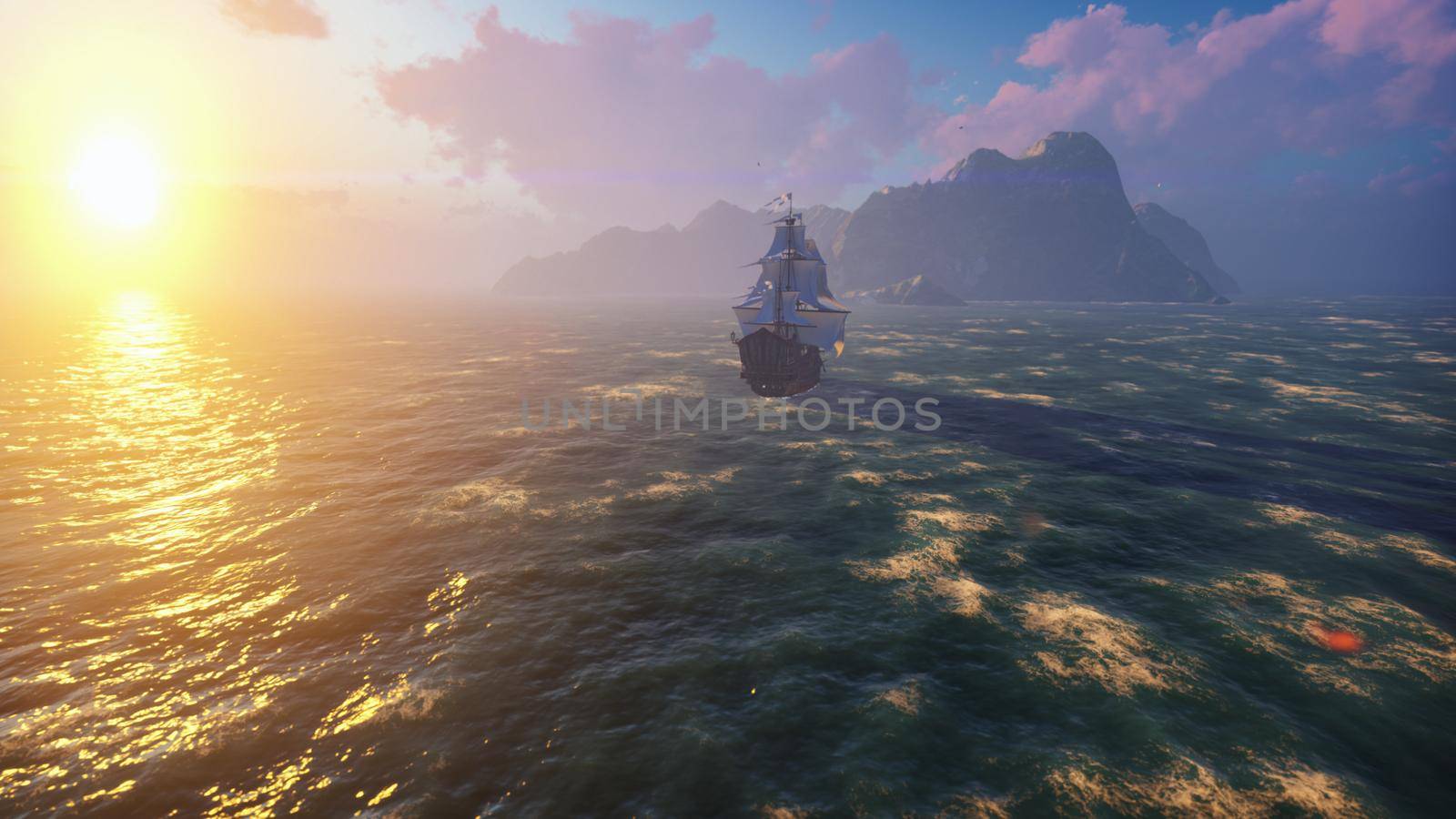 A large medieval ship at sea at sunrise. An ancient medieval ship sails to a deserted rocky island. 3D Rendering by designprojects