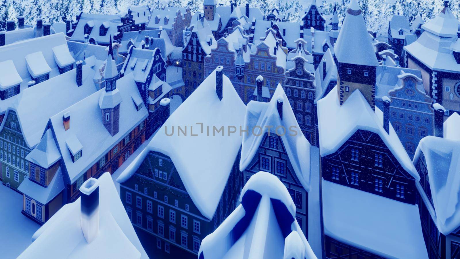 Flying over a small ancient snowy night town. The Concept Of Winter. 3D Rendering by designprojects
