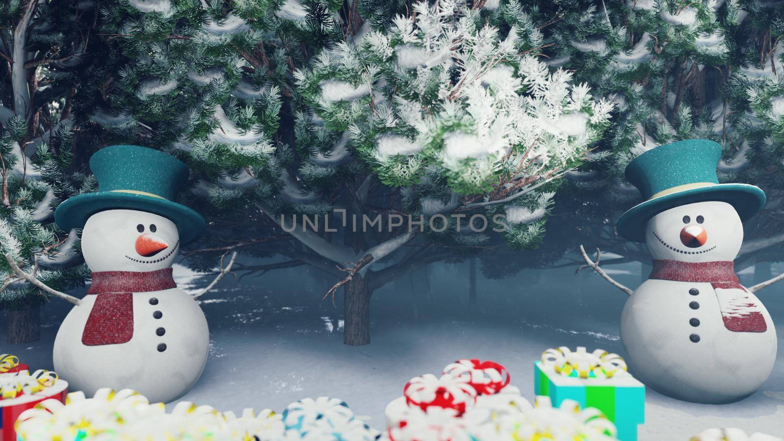 Christmas snowmen in a snowy enchanted forest. Christmas and New year 3D rendering. by designprojects