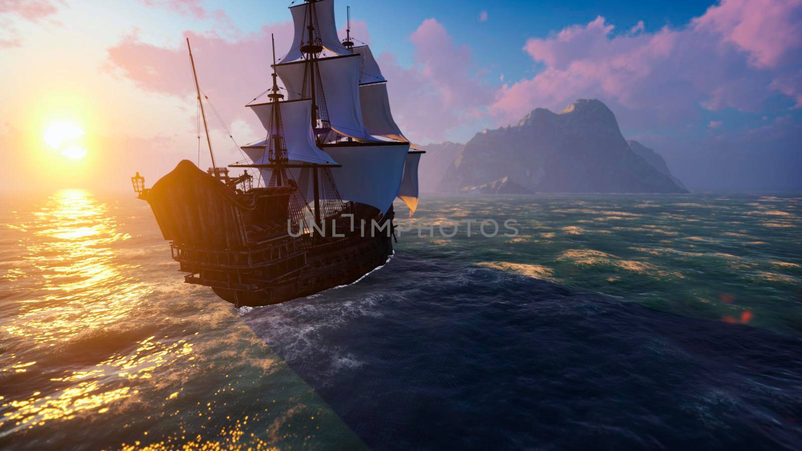 A large medieval ship at sea at sunrise. An ancient medieval ship sails to a deserted rocky island. 3D Rendering by designprojects