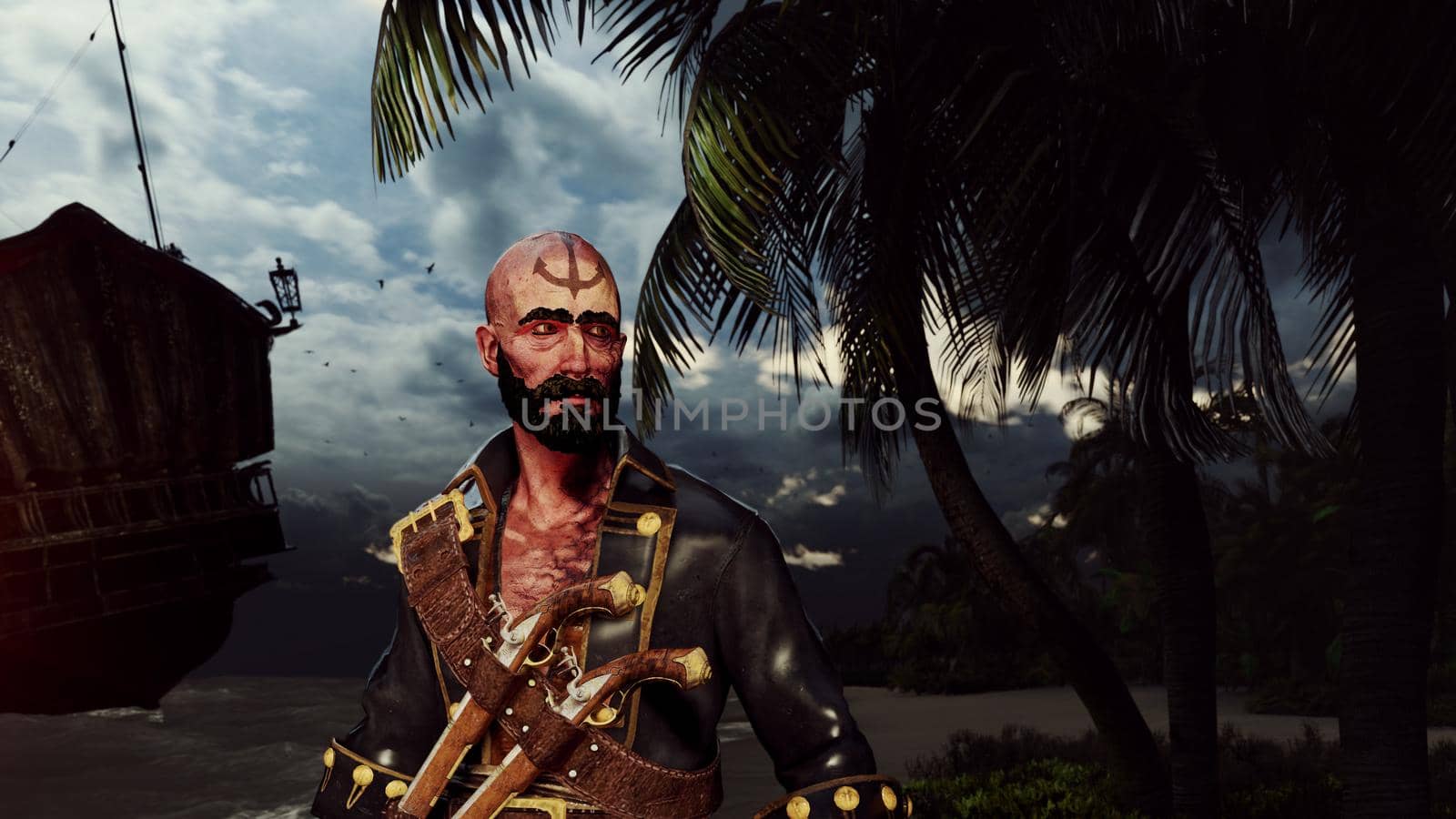 Pirate with weapons on the sandy beach of pirate island. Concept scene of a pirate with a chest of gold.