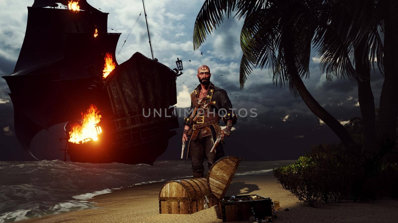 Pirate with weapons on the sandy beach of pirate island. Concept scene of a pirate with a chest of gold. 3D rendering by designprojects