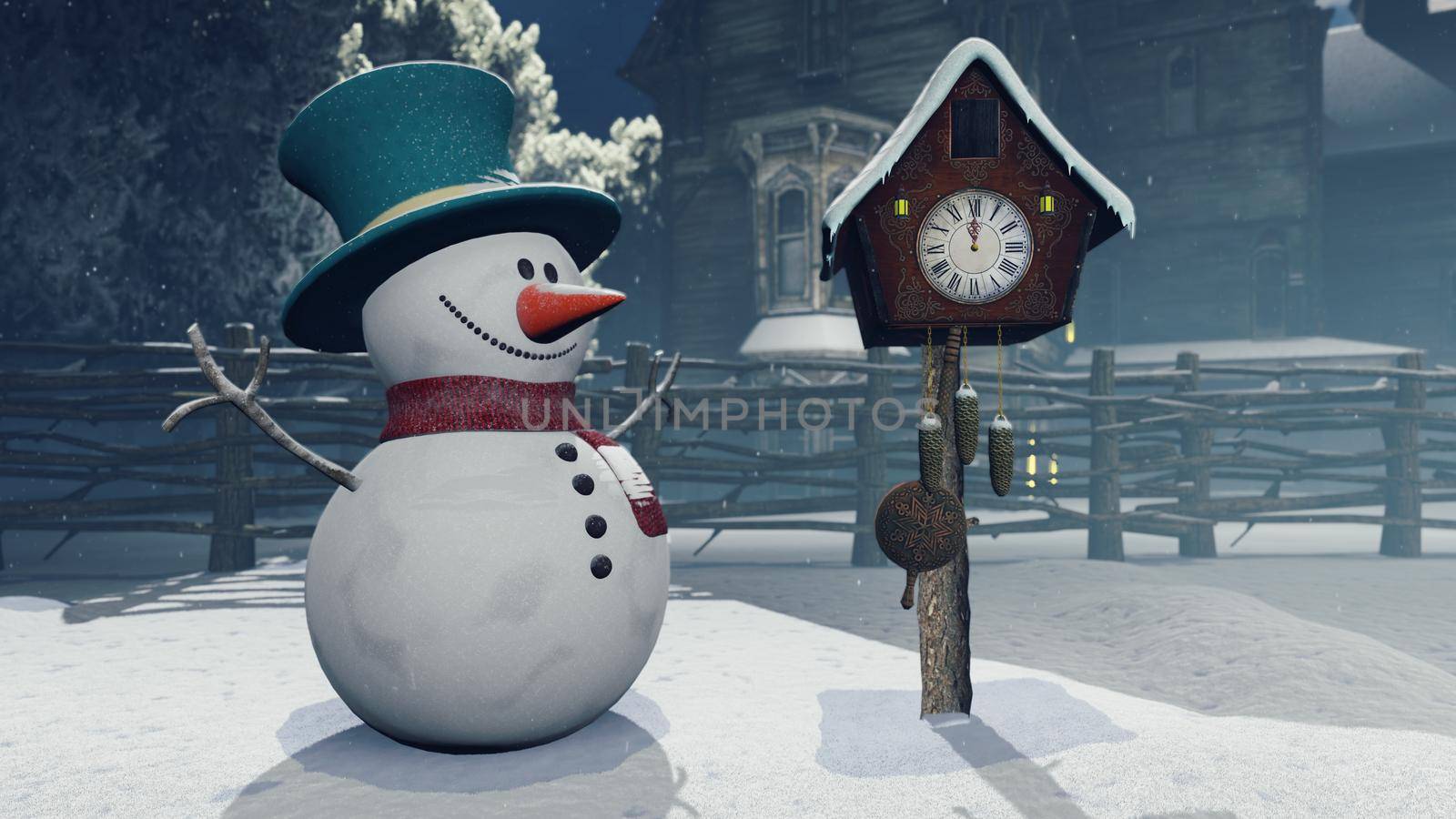 A Christmas Snowman stands next to an old clock. Christmas and new year 3D rendering. by designprojects