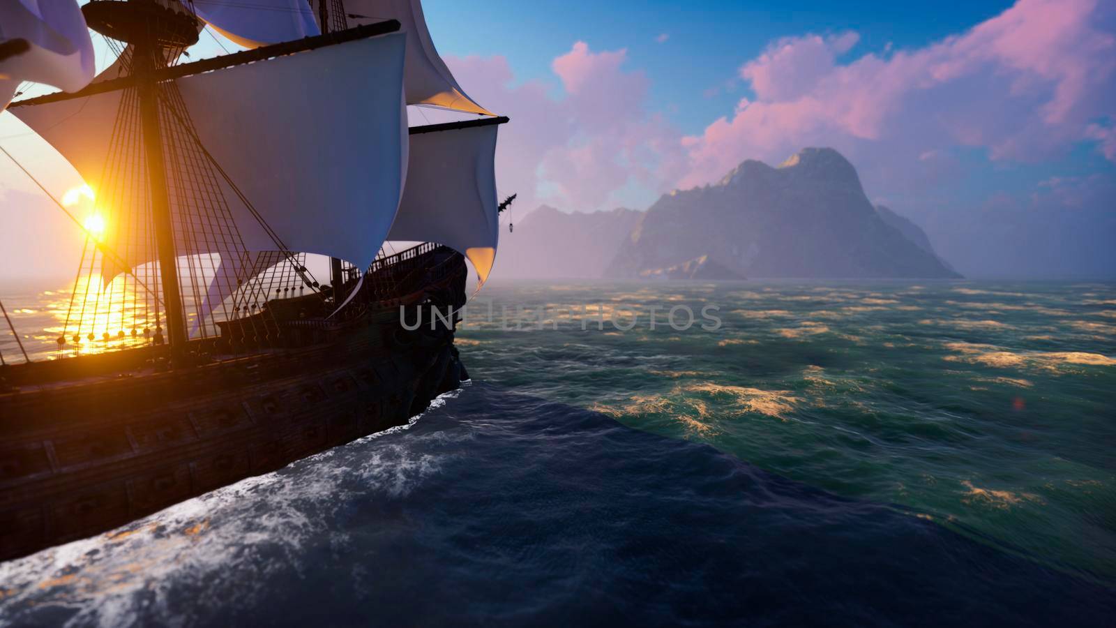 A large medieval ship at sea at sunrise. An ancient medieval ship sails to a deserted rocky island. 3D Rendering by designprojects