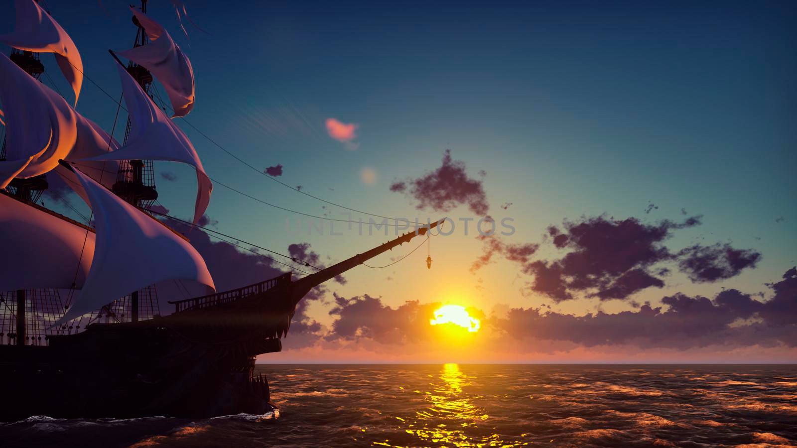 Large medieval ship on the sea on a sunrise. The old medieval ship gracefully sails in the open sea. 3D Rendering by designprojects