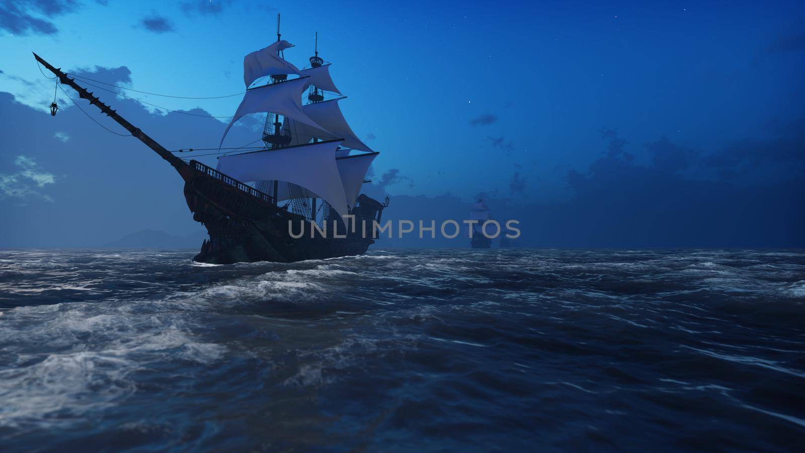 Medieval Wooden boats on the sea in the fog. Pirates sailing down the sea on a ship. 3D Rendering by designprojects