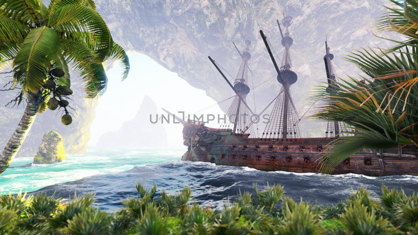A large medieval ship at sea on a Sunny day near ancient rocks. An ancient abandoned medieval ship found its home on a desert rocky island. 3D Rendering by designprojects